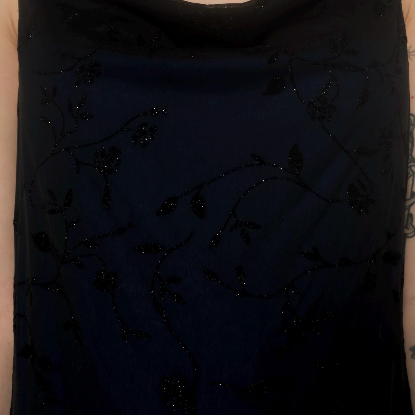 Y2K Black Slip Dress Sparkle Floral Cutout Back Strappy Large L