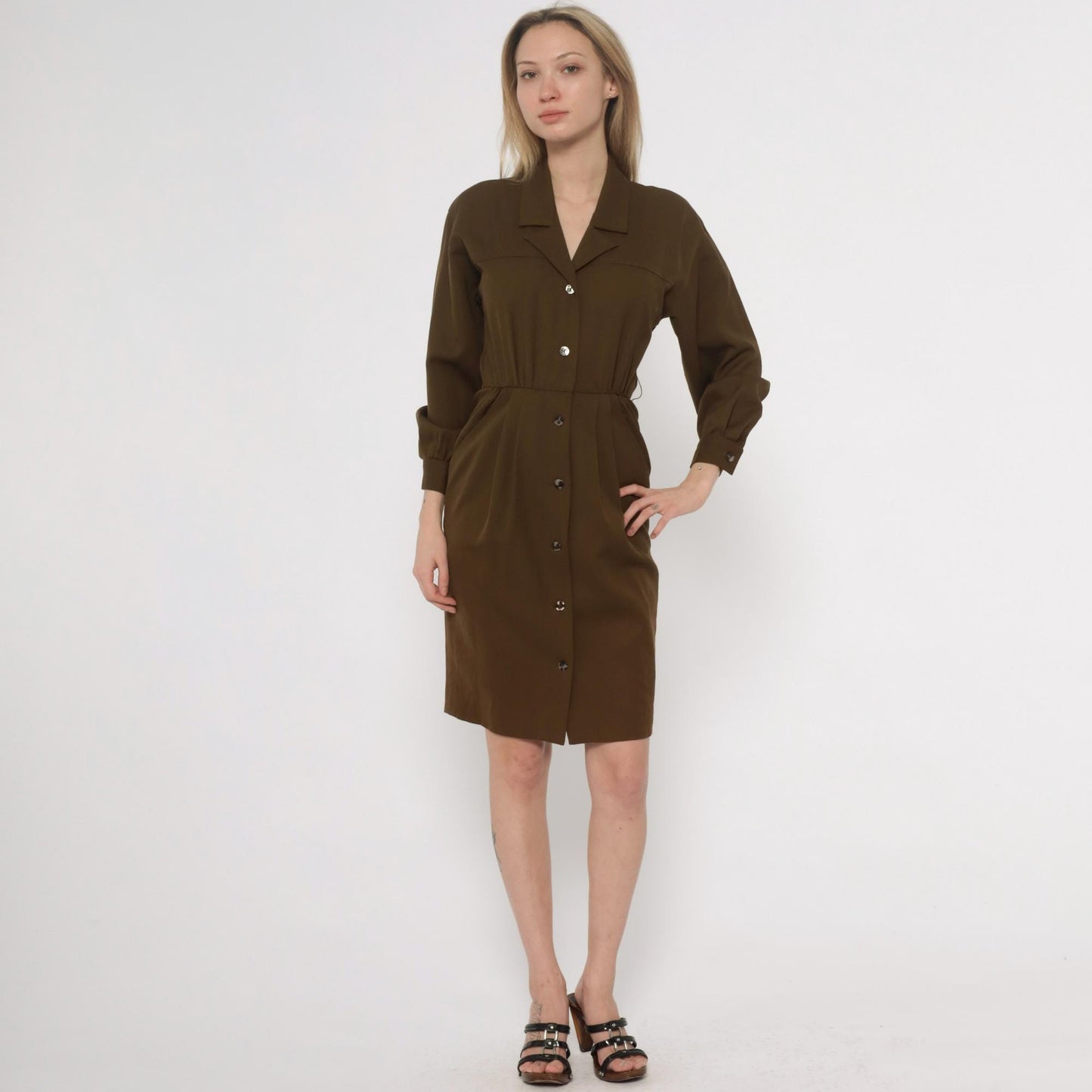 80s Bill Geoffreys Wool Shirt Dress Olive Brown Knee Length XS