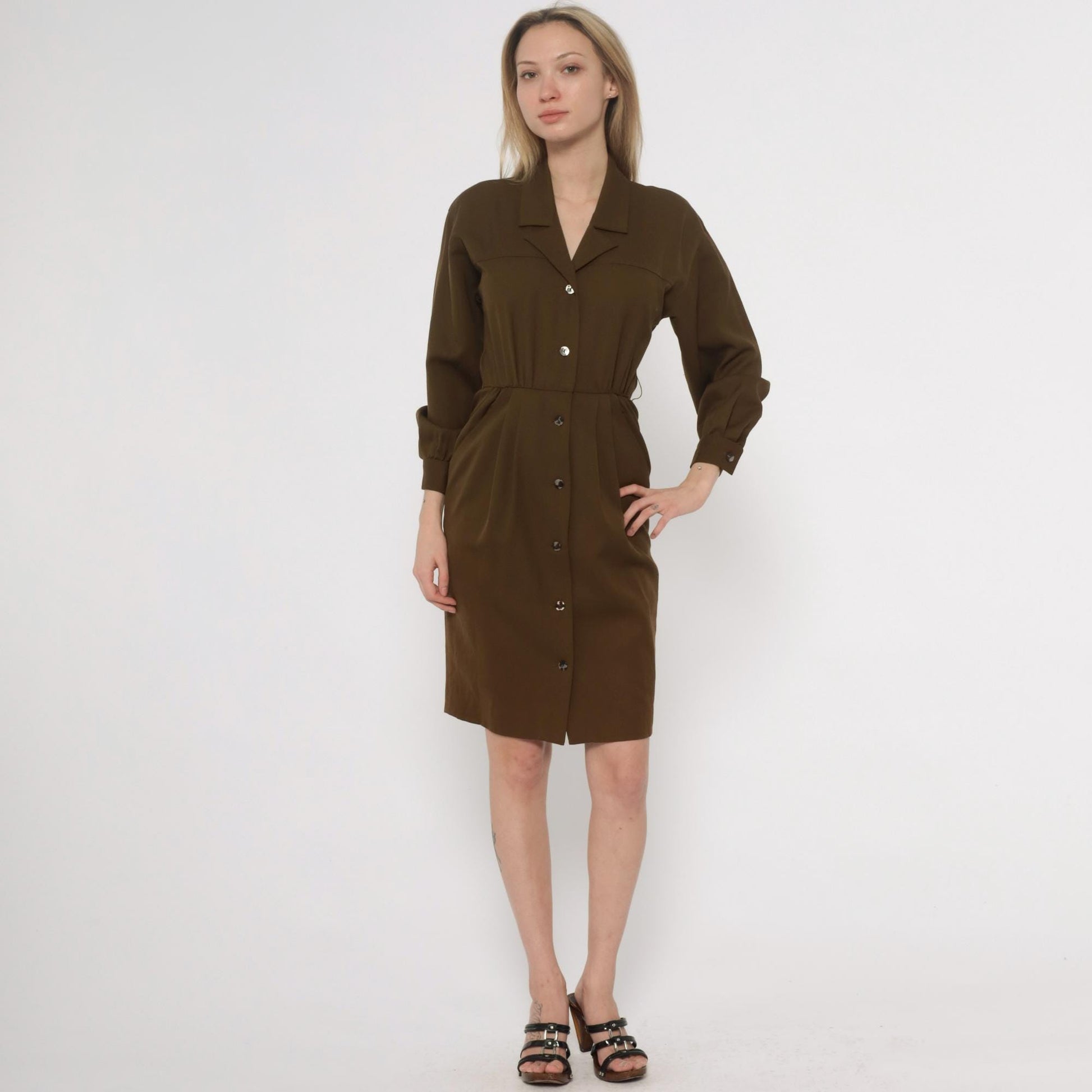 80s Bill Geoffreys Wool Shirt Dress Olive Brown Knee Length XS