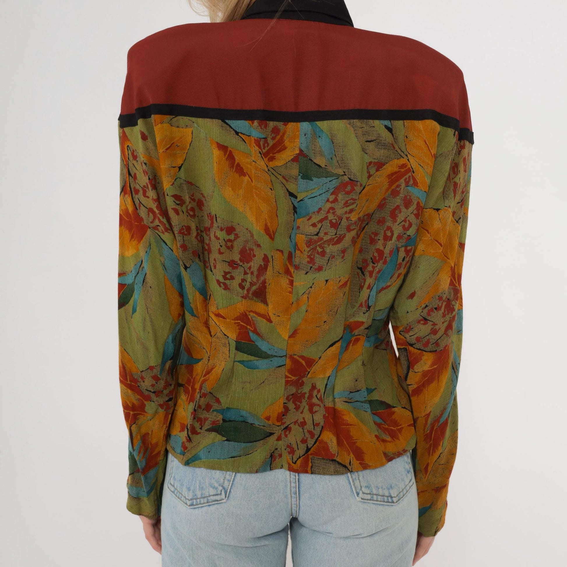 90s Colorblock Leaf Print Button-Up Shirt Rust Olive Yellow Medium