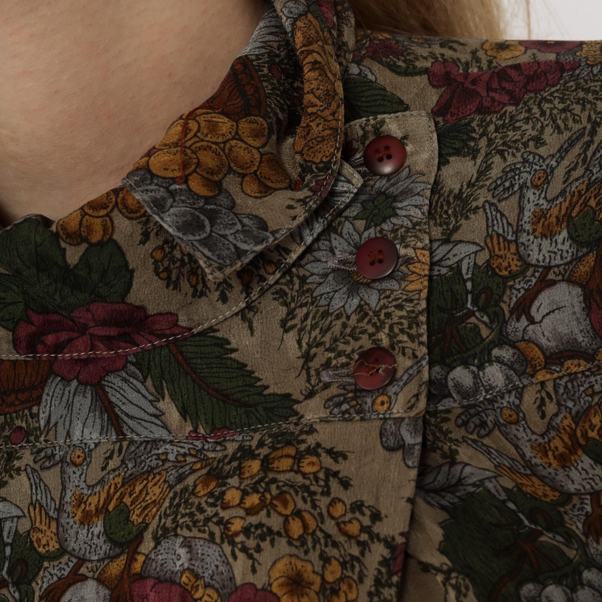 80s Michii Moon Silk Blouse Botanical Grape Print Burgundy Olive Medium