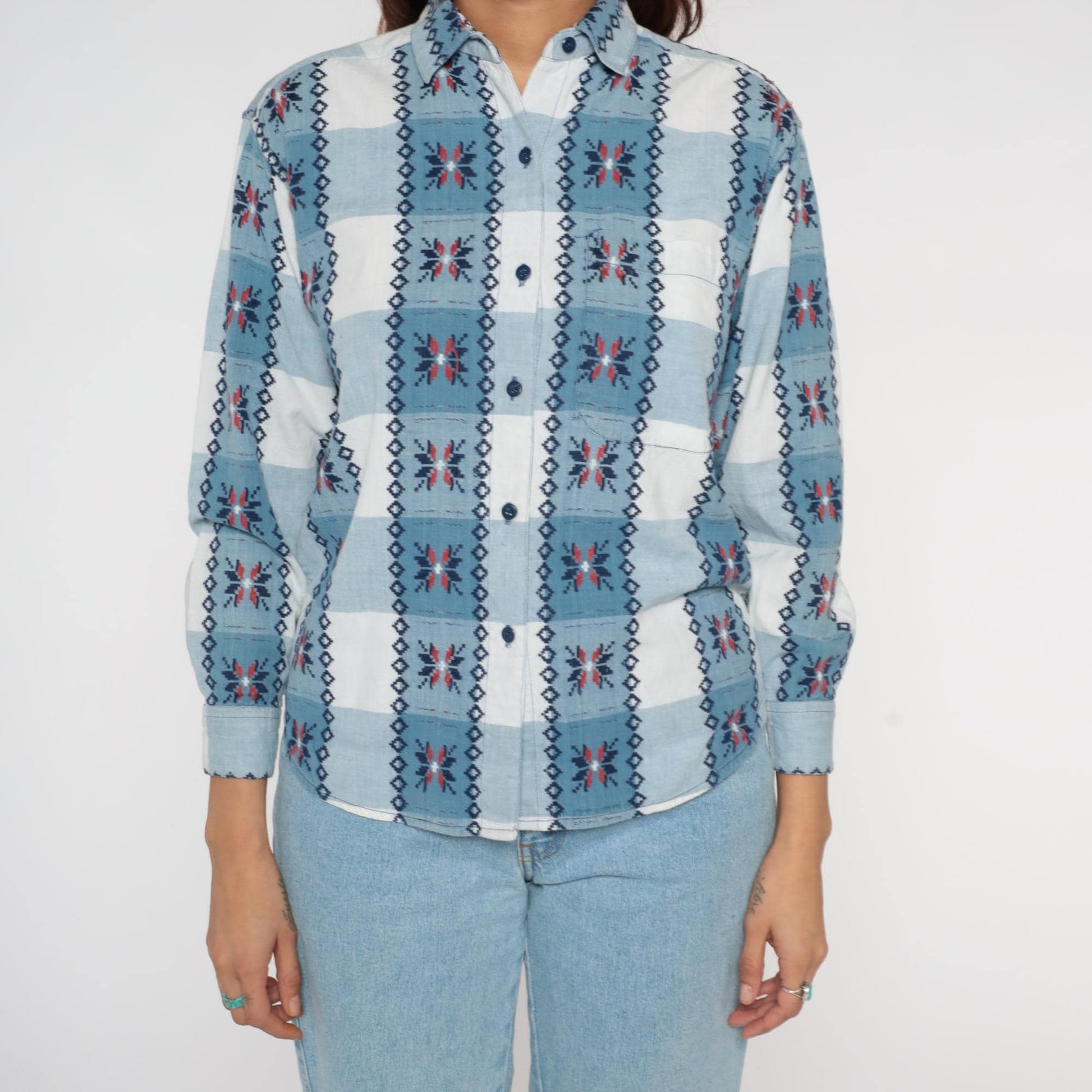 90s Keren Hart Southwestern Plaid Button Up Shirt Blue White Small S