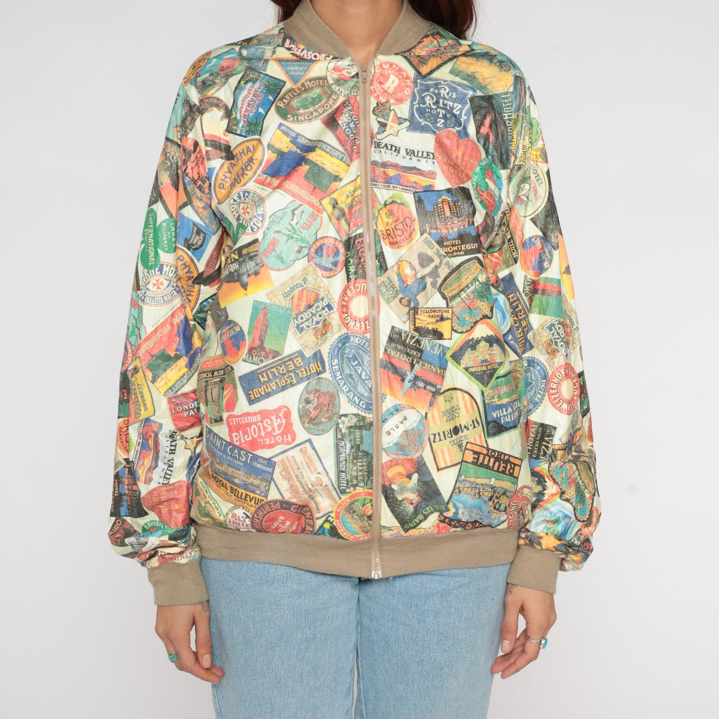 90s Travel Hotel Label Bomber Jacket Multicolor Graphic Medium Large