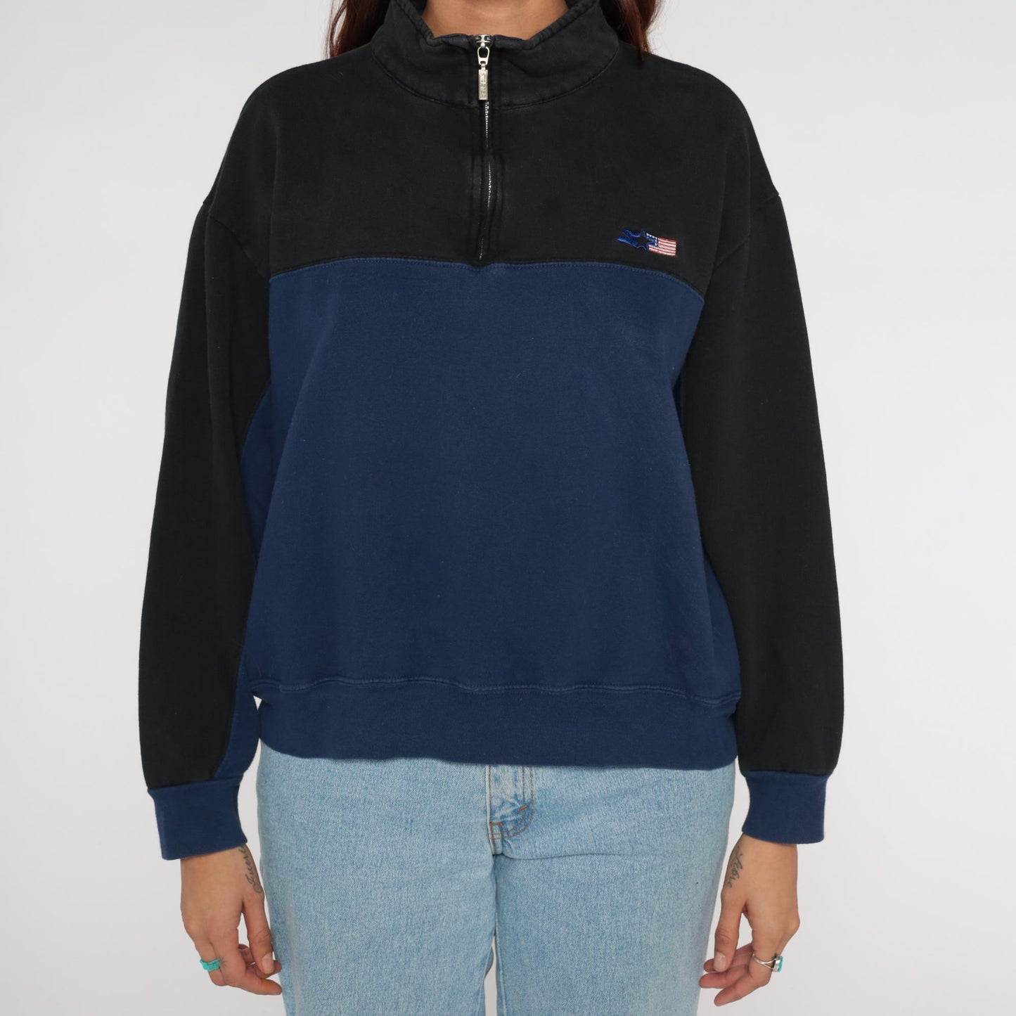 90s Starter Colorblock Quarter-Zip Sweatshirt Navy Black American Flag Extra Large