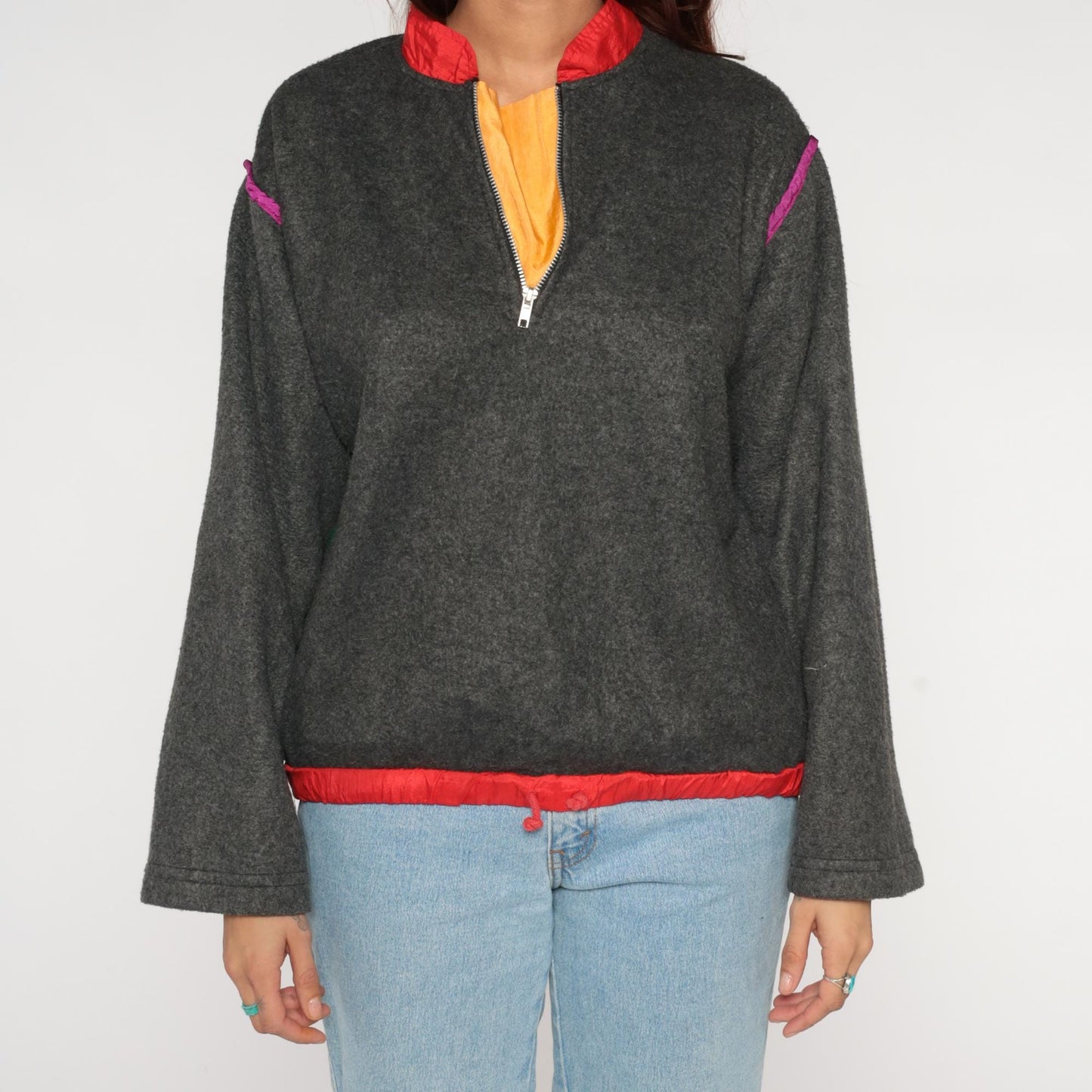 90s Jacques Moret Colorblock Fleece Pullover Grey Red Pink Quarter Zip Small