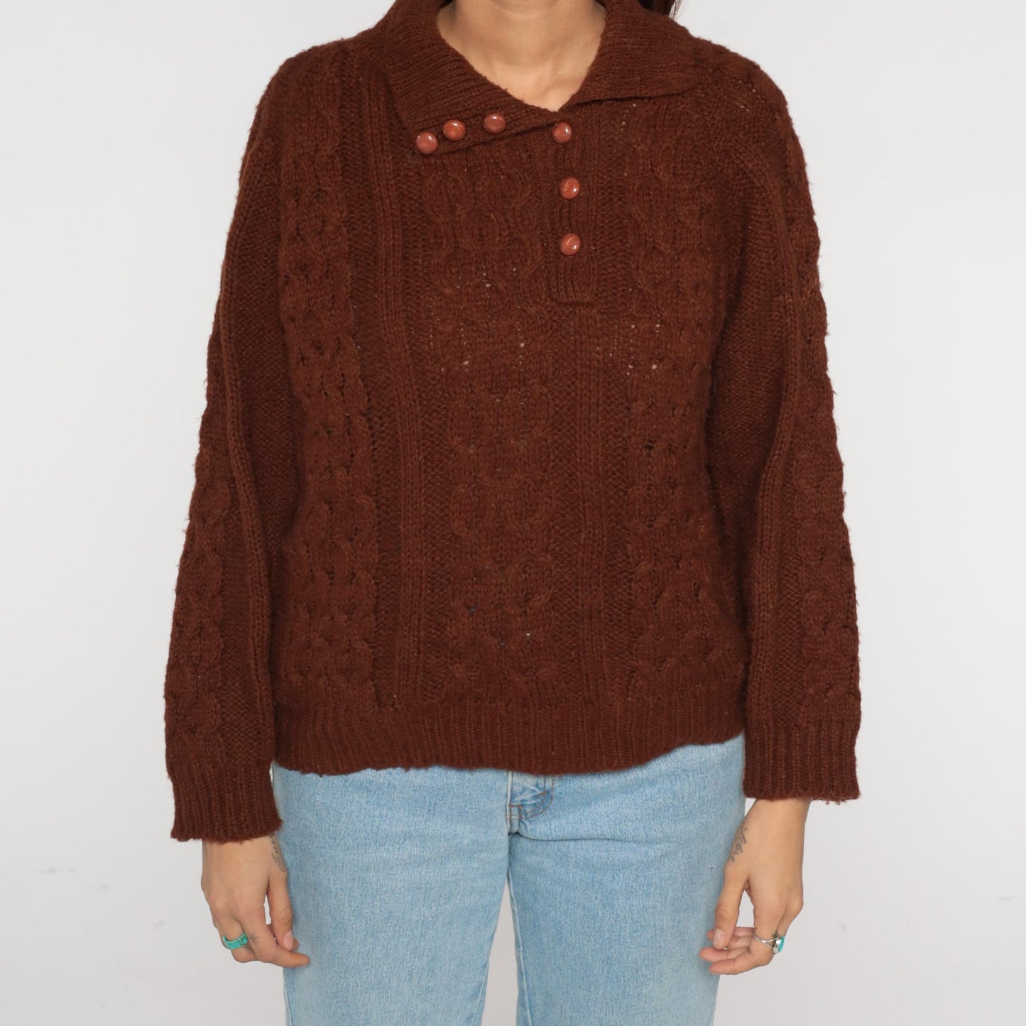70s Rochelle California Brown Cable Knit Sweater Collared Medium M