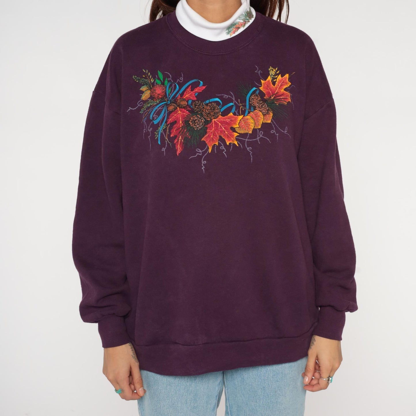 90s Jerzees Purple Autumn Sweatshirt Maple Leaf Pinecone Graphic Extra Large XL