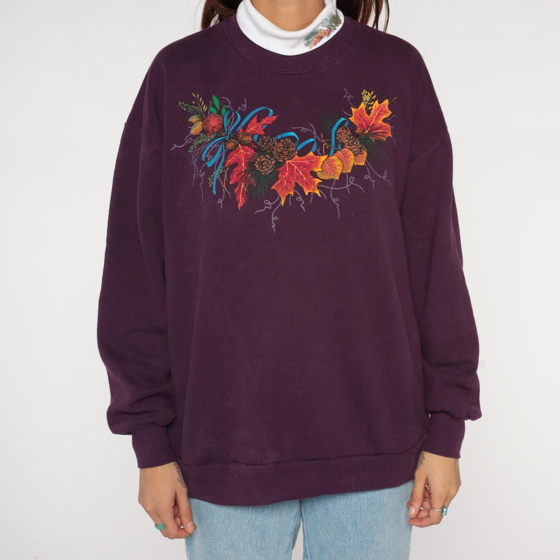 90s Jerzees Purple Autumn Sweatshirt Maple Leaf Pinecone Graphic Extra Large XL