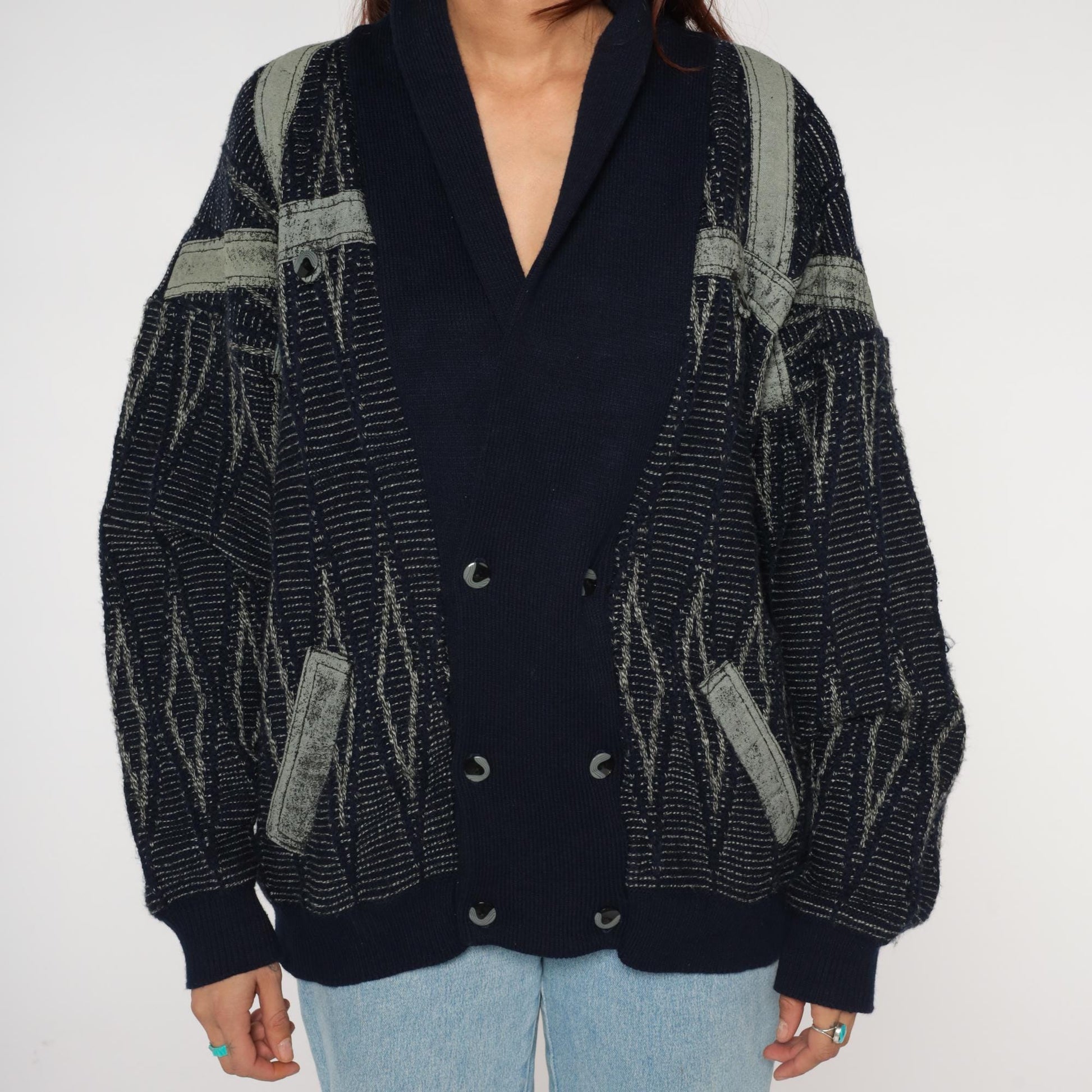 90s J Bar-Lun Navy Grey Geometric Knit Cardigan Double Breasted Large L
