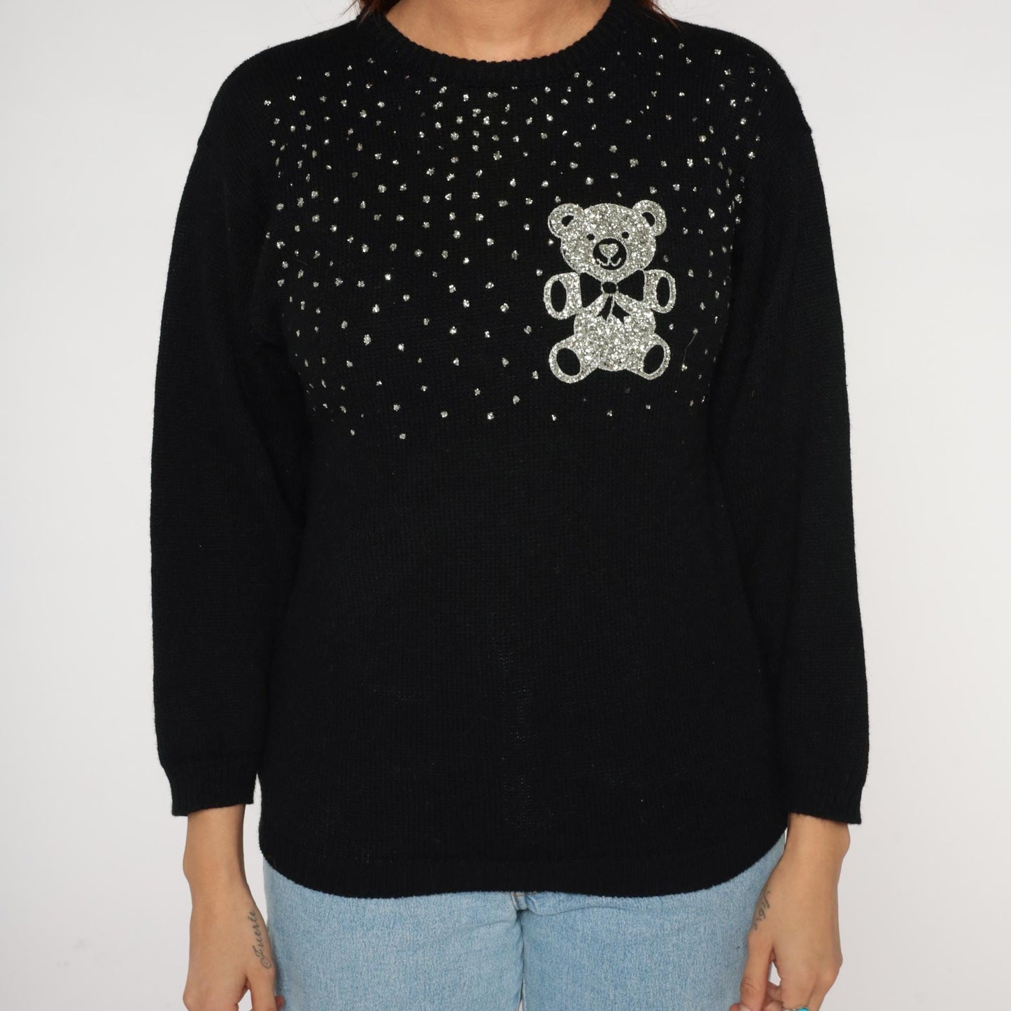 90s Western Sportswear Teddy Bear Sequin Sweater Black Small S