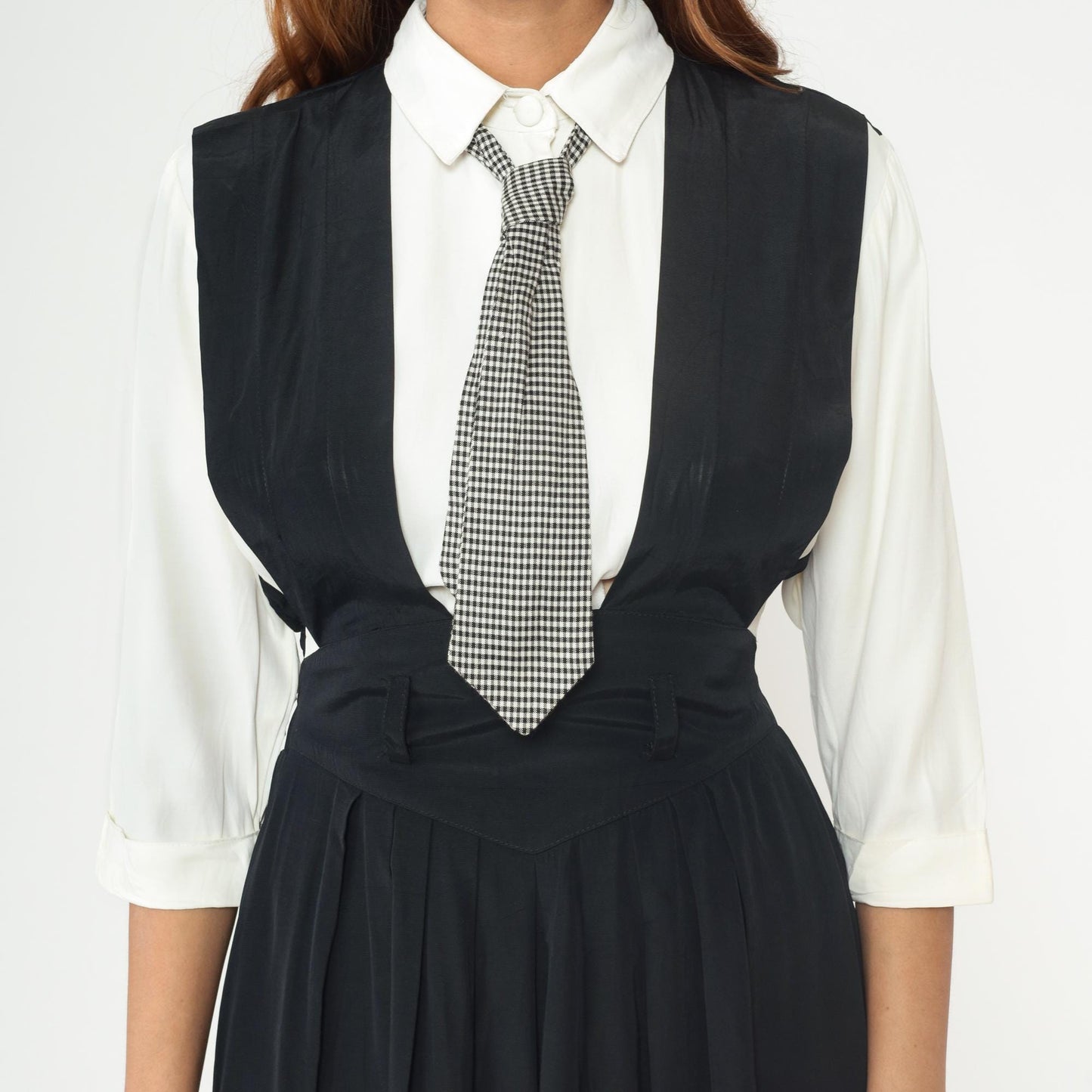 1990s Piccolino Petites Black Midi Jumper Dress Gingham Tie Attached Shirt XS