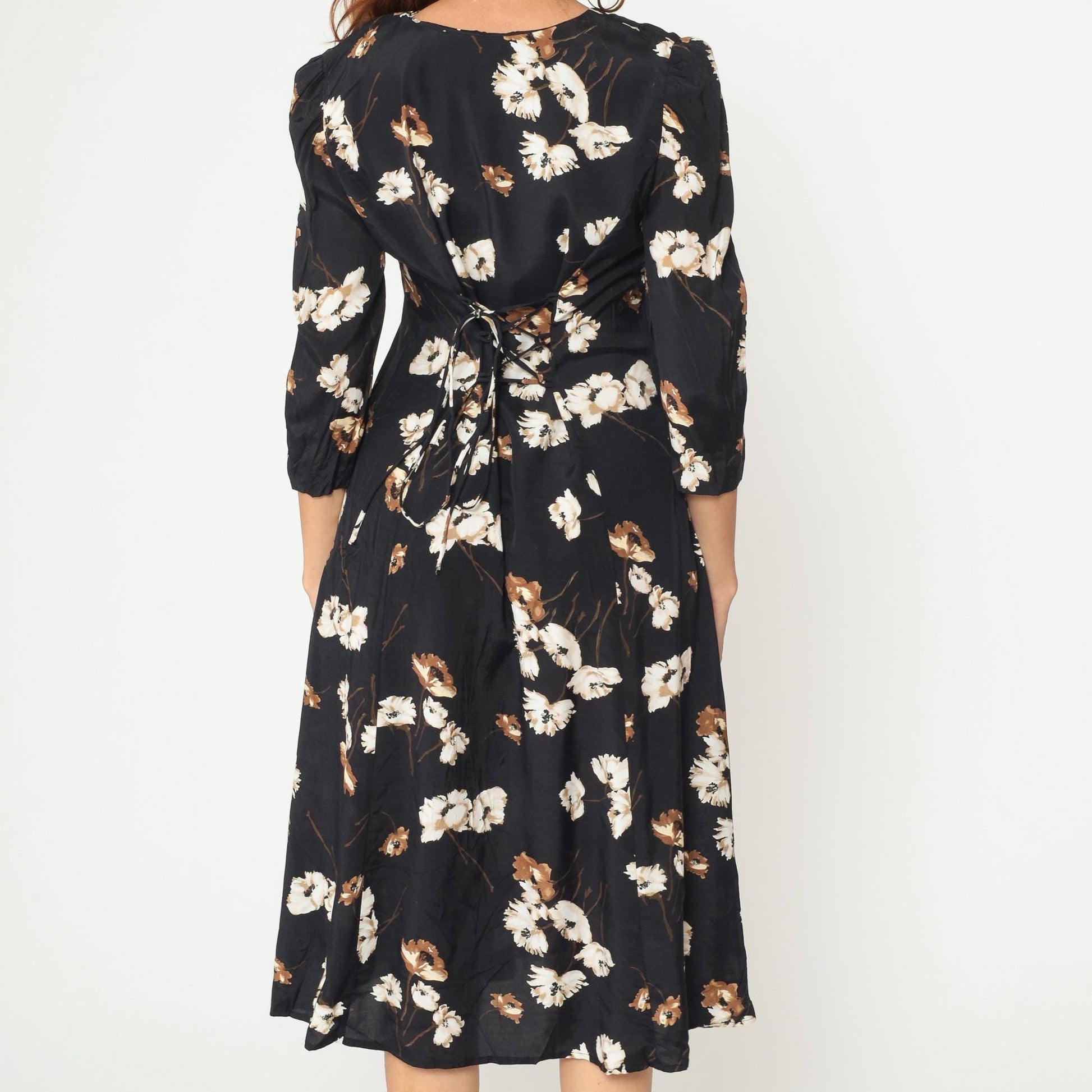 90s Caroline Wells Black Floral Midi Dress Pearl Buttons Lace-Up Back Medium