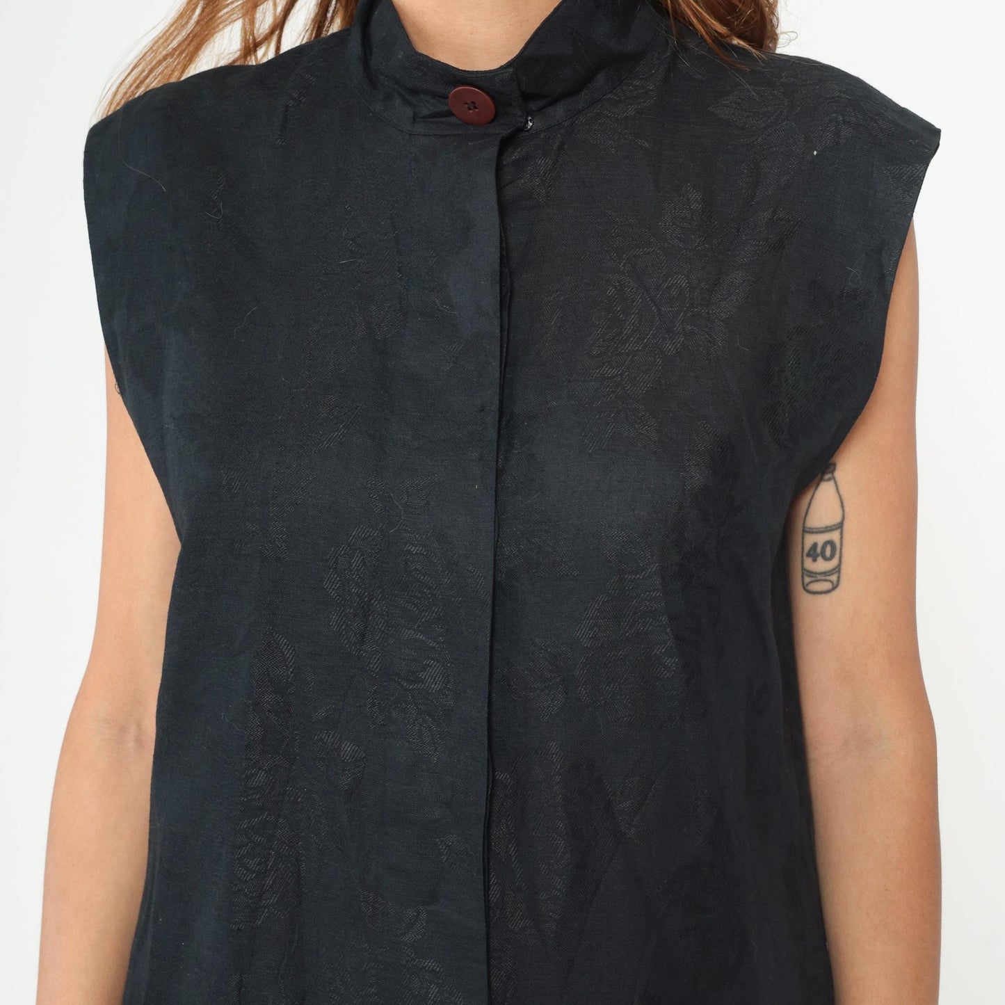90s Albert Nipon Black Linen Mandarin Collar Midi Dress Large L