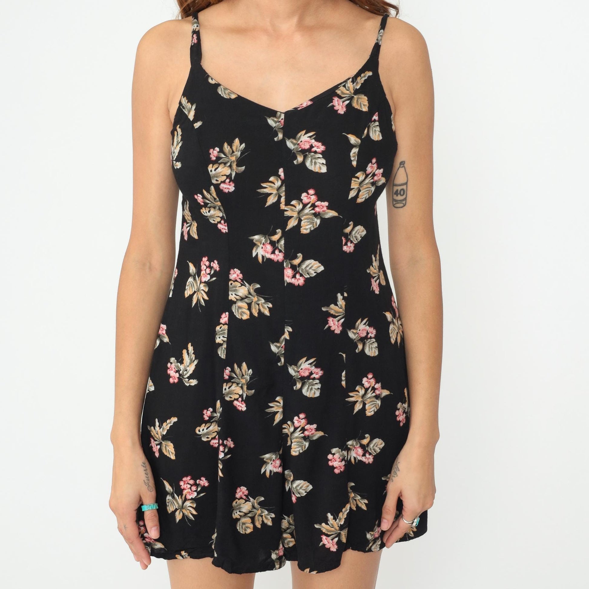 90s Black Floral Romper Sleeveless Wide Leg Playsuit Small S