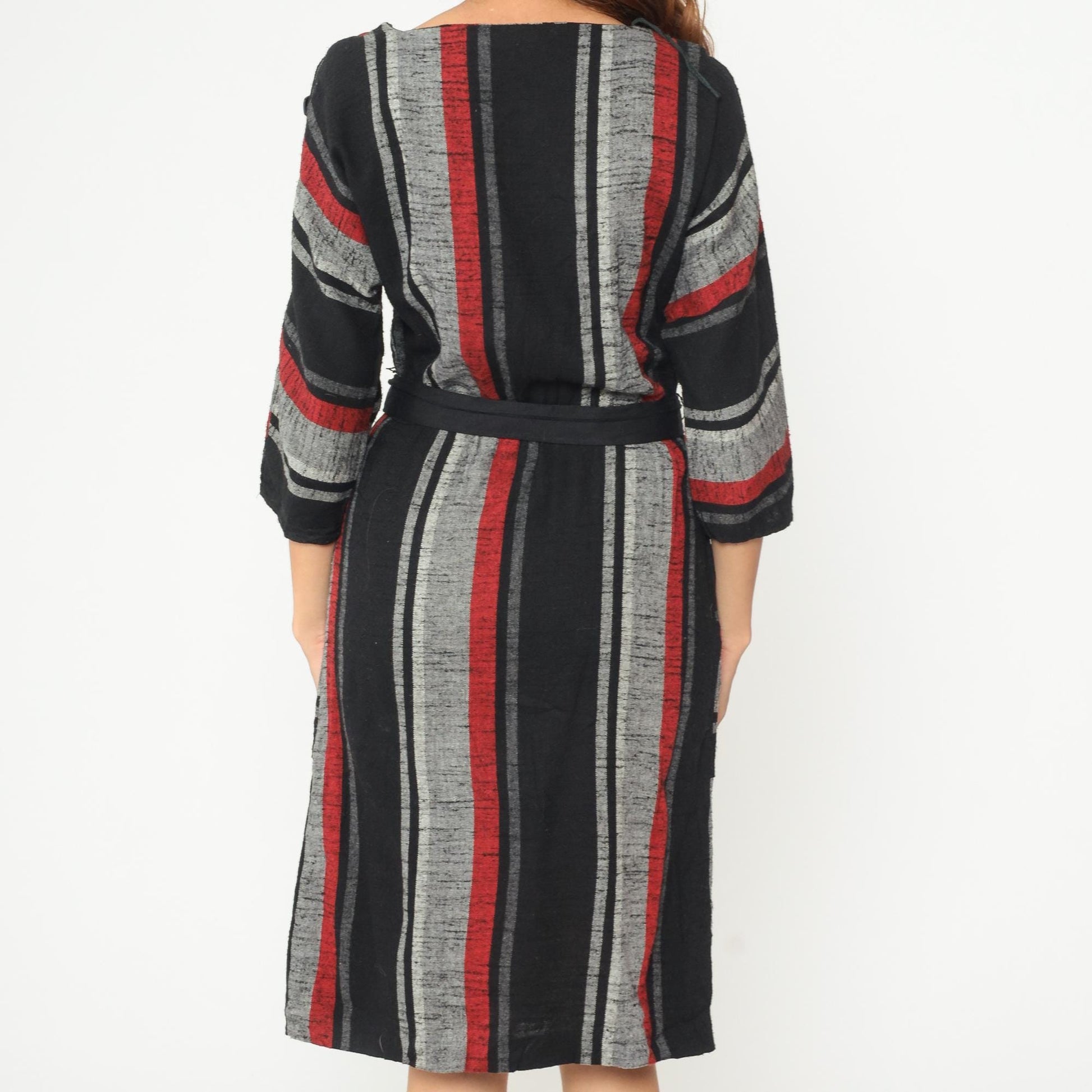 80s Vertical Stripe Midi Dress Red Black Grey Square Neck Wool Blend Medium