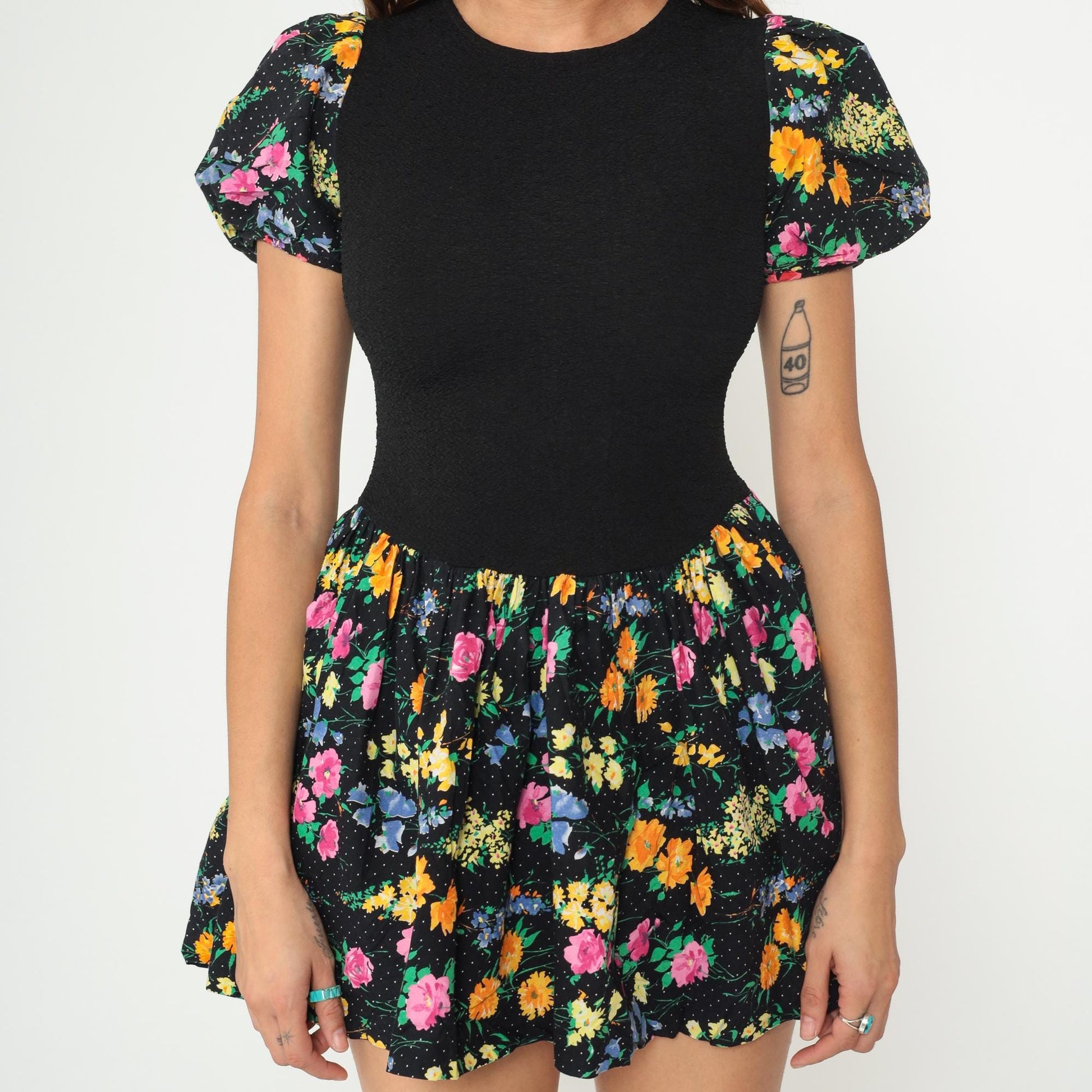 90s Amy Too Mini Dress Black Floral Polka Dot Puff Sleeve Drop Waist Extra Small XS
