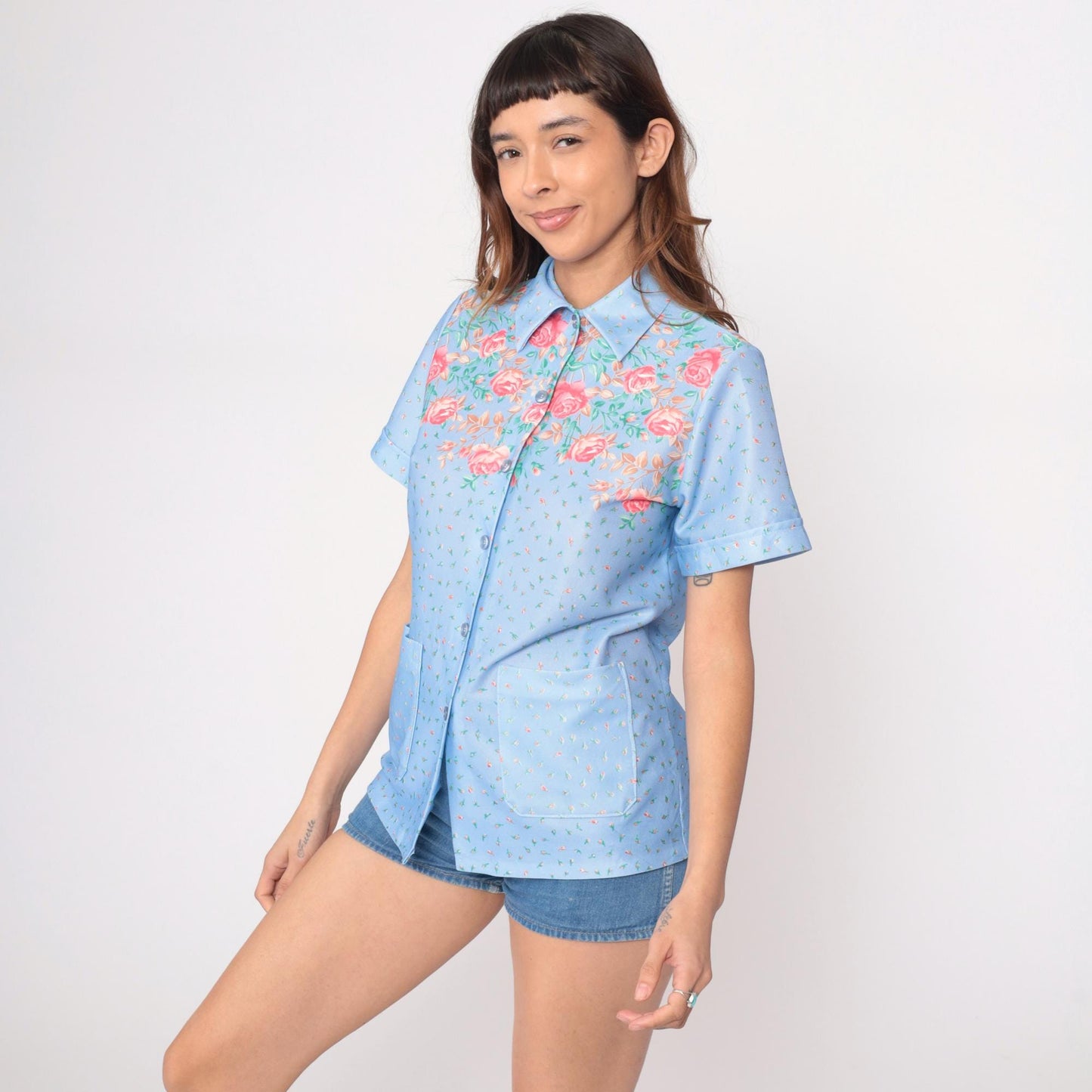70s Light Blue Floral Shirt Pink Roses Button Up Short Sleeve Medium