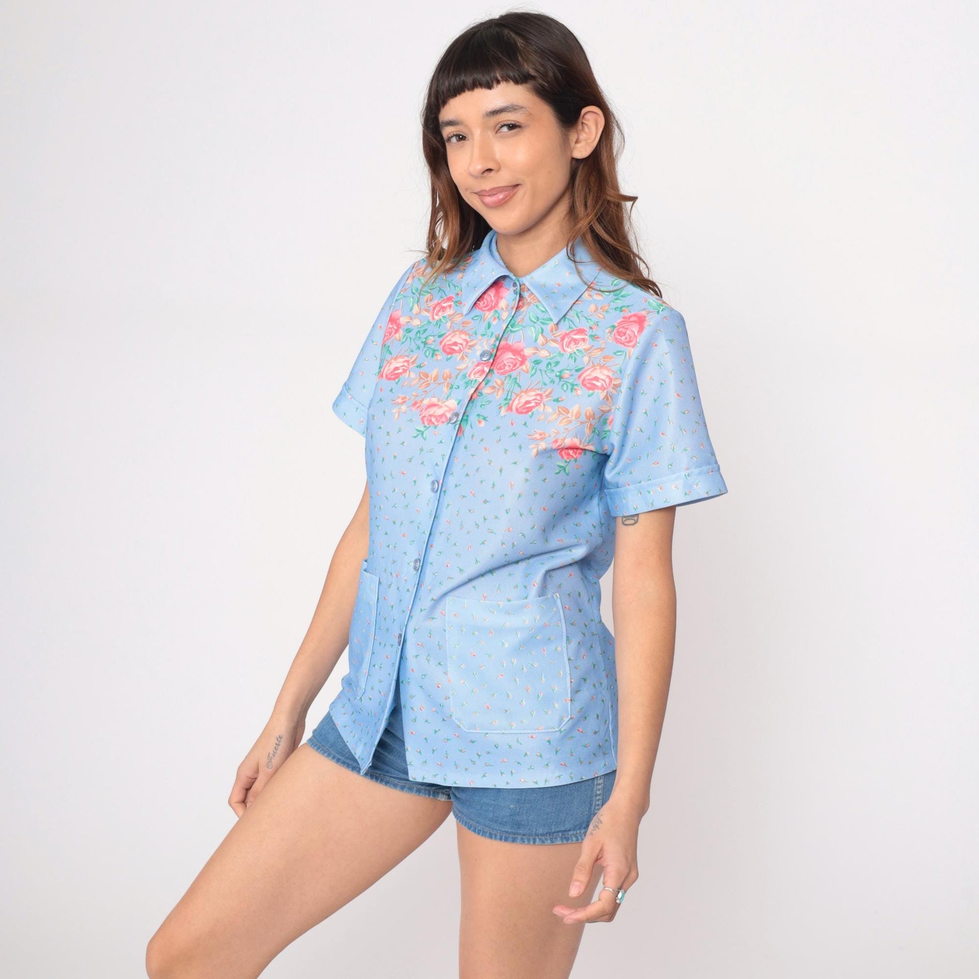70s Light Blue Floral Shirt Pink Roses Button Up Short Sleeve Medium