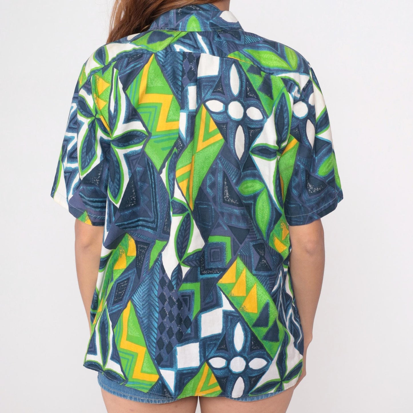 70s Hawaiian Shirt Geometric Abstract Print Button Front Cotton Blue Green Large