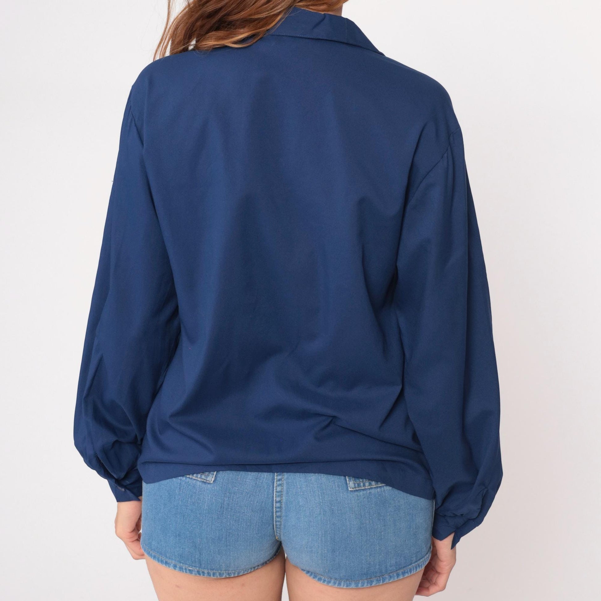 70s Judy Bond Navy Button-Up Shirt Notched Collar Long Sleeve Medium