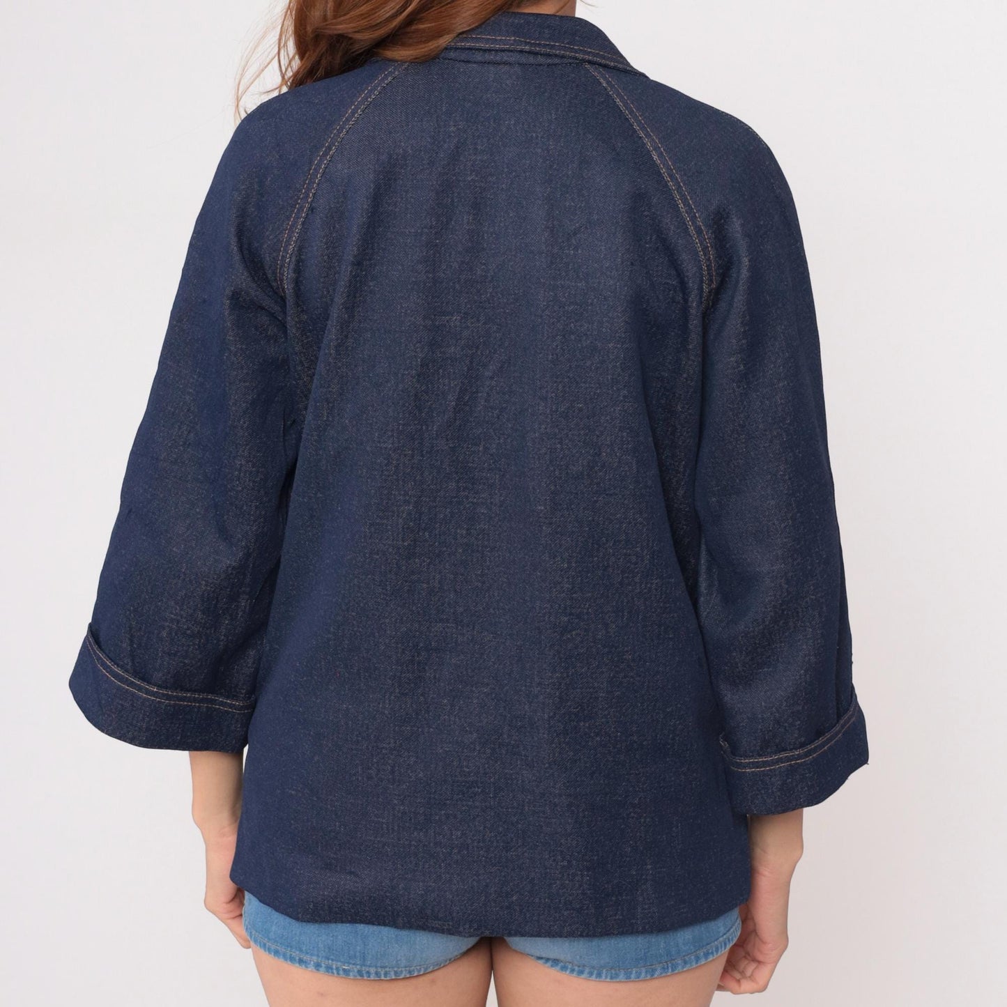 70s Graff Denim Blazer Dark Blue Wide Collar Gold Buttons Three Quarter Sleeve Medium