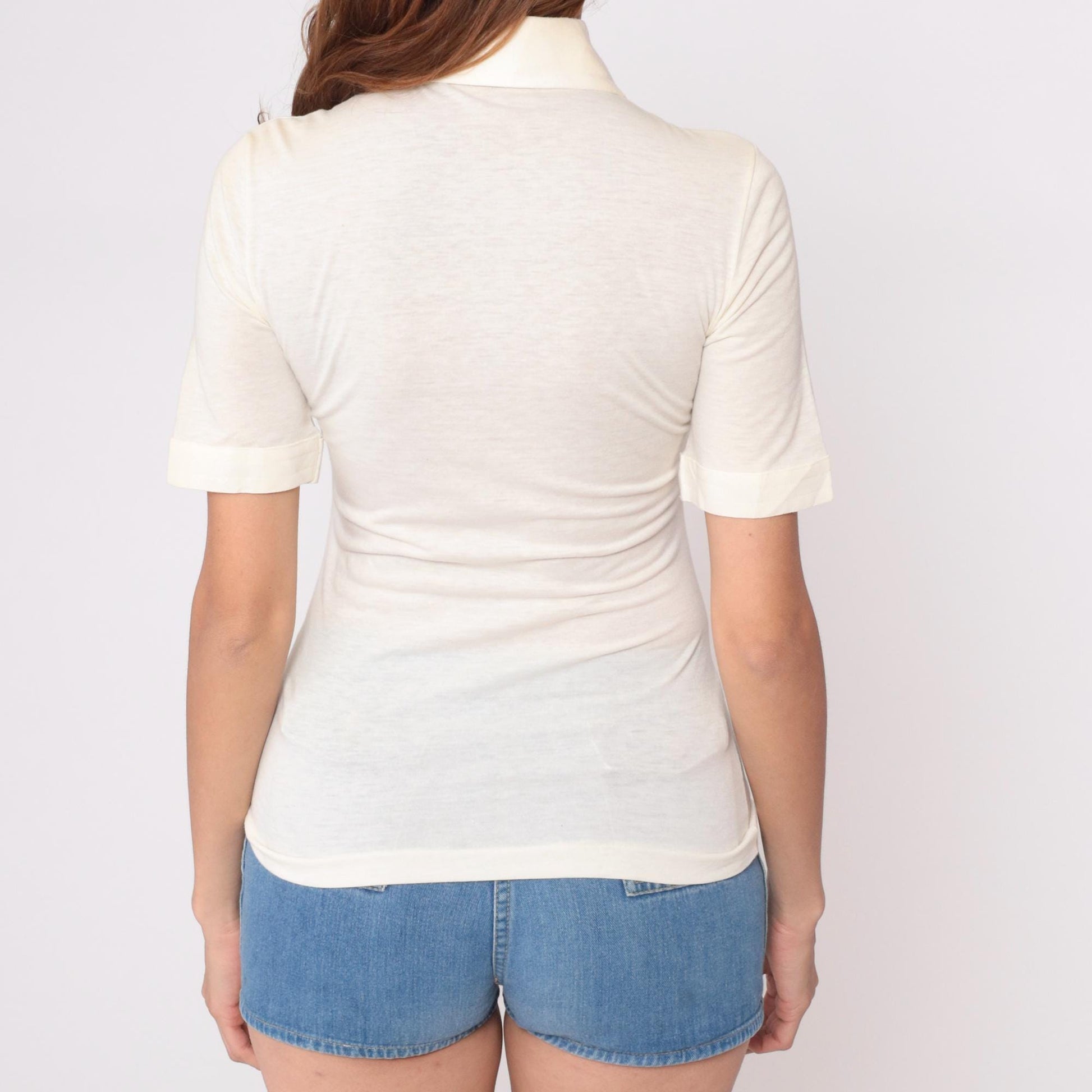 70s Cream Polo Shirt Half-Zip Pointed Collar Short Sleeve Small S