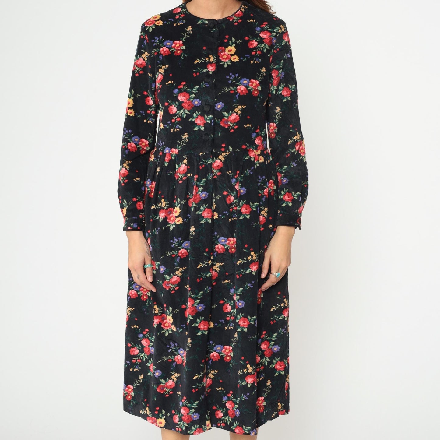 90s Talbots Floral Corduroy Midi Dress Black Button Front Long Sleeve Medium