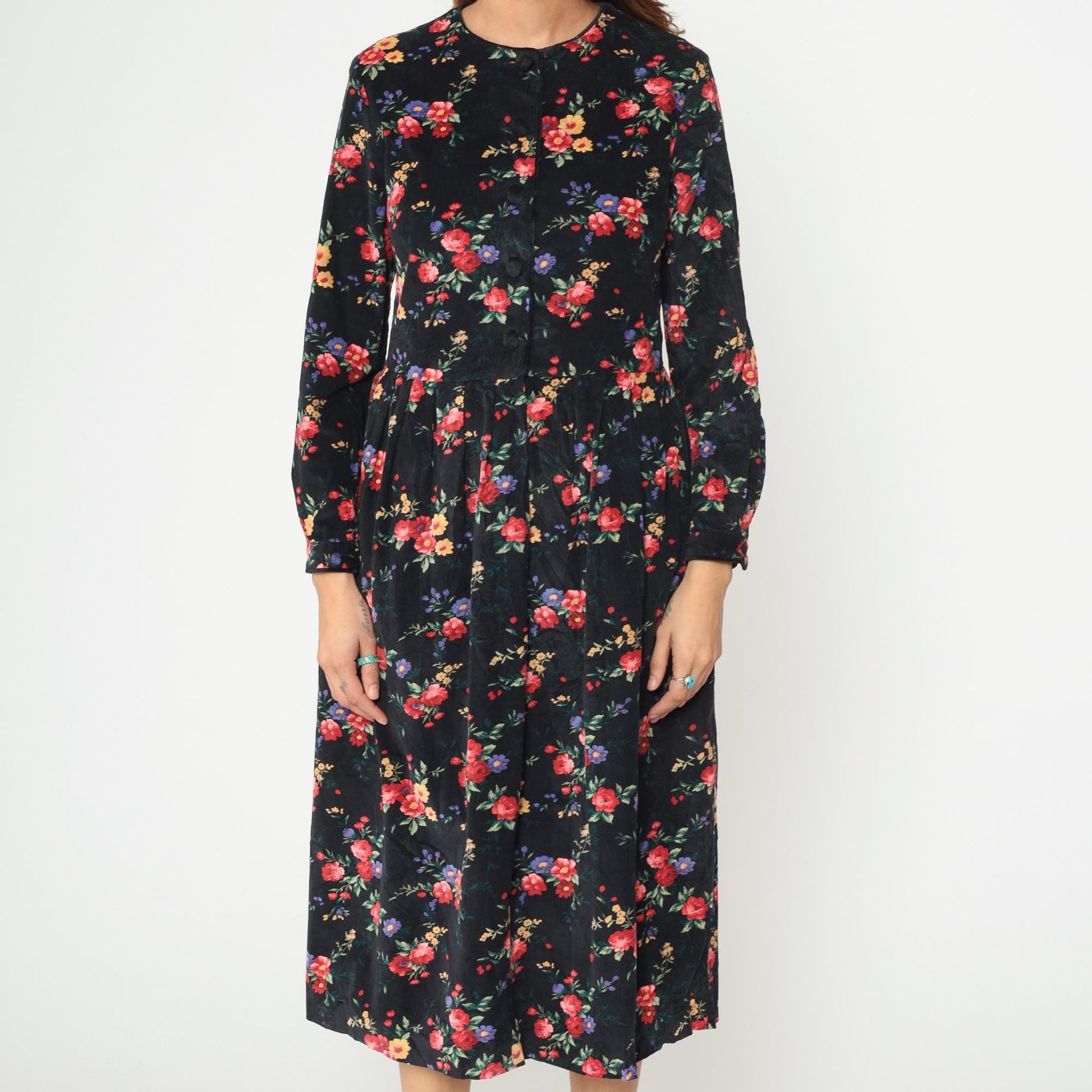 90s Talbots Floral Corduroy Midi Dress Black Button Front Long Sleeve Medium