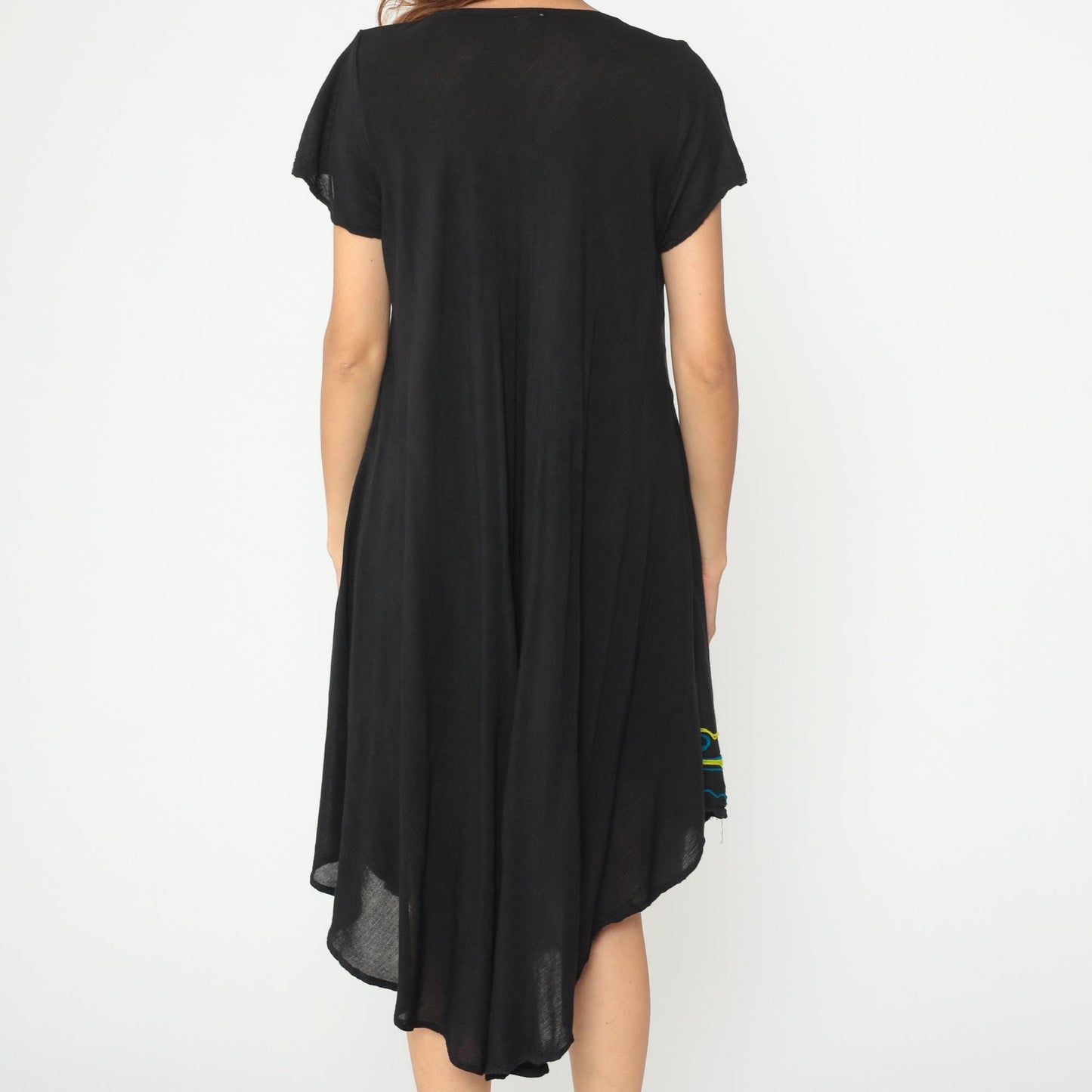 Y2K Black Midi Dress Exist Floral Embroidery V-Neck Asymmetric Hem One Size