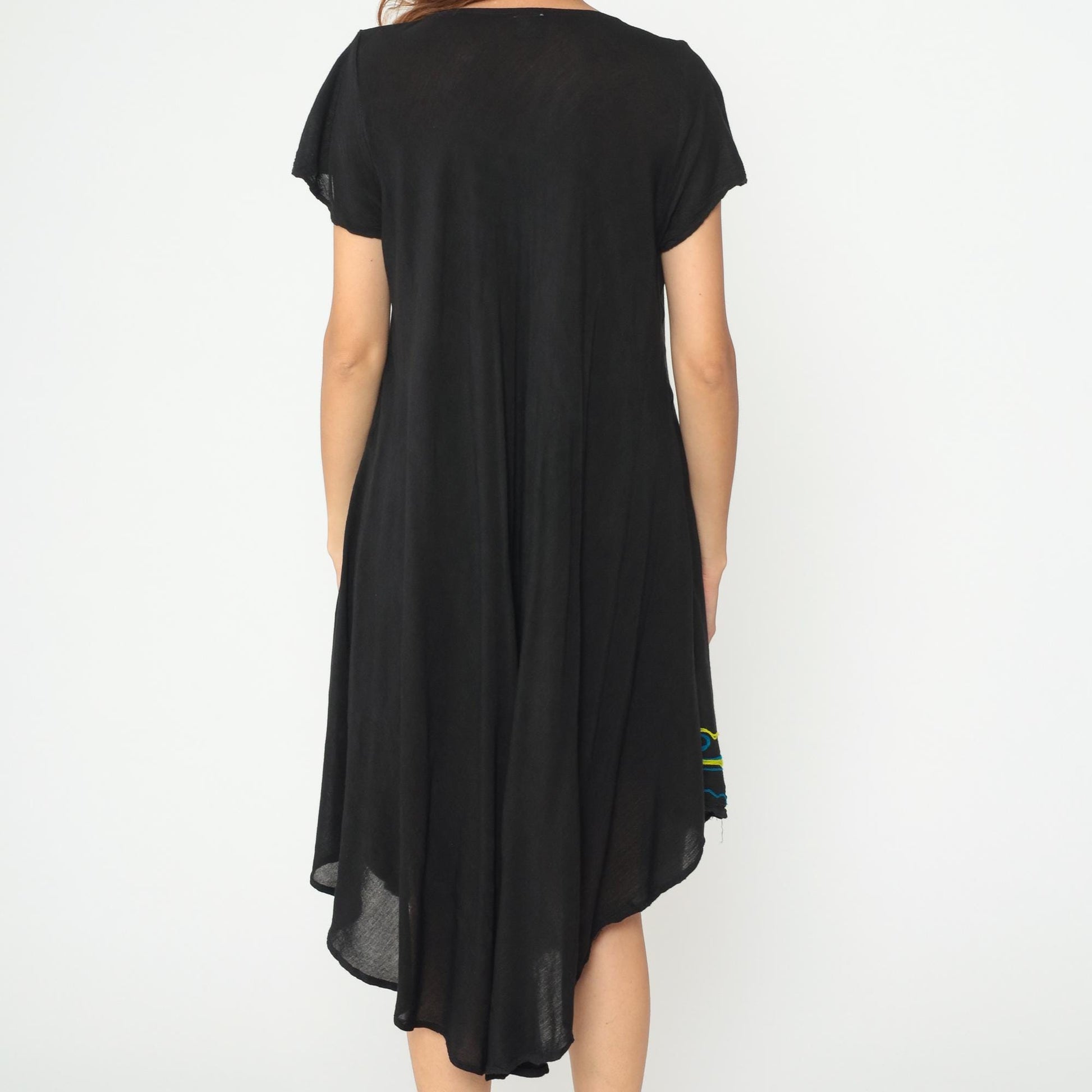 Y2K Black Midi Dress Exist Floral Embroidery V-Neck Asymmetric Hem One Size