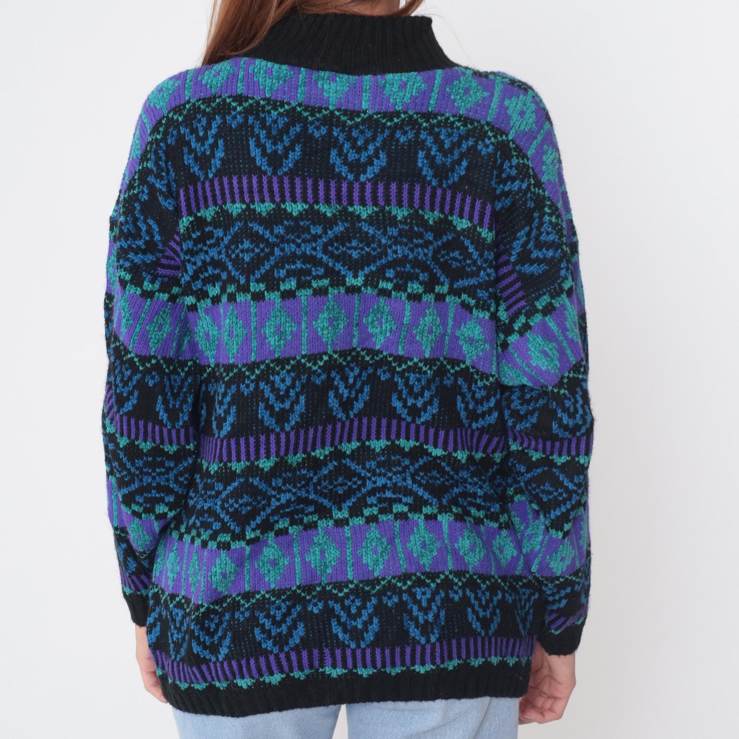 90s Fair Isle Mock Neck Sweater Purple Teal Geometric Nordic Small S