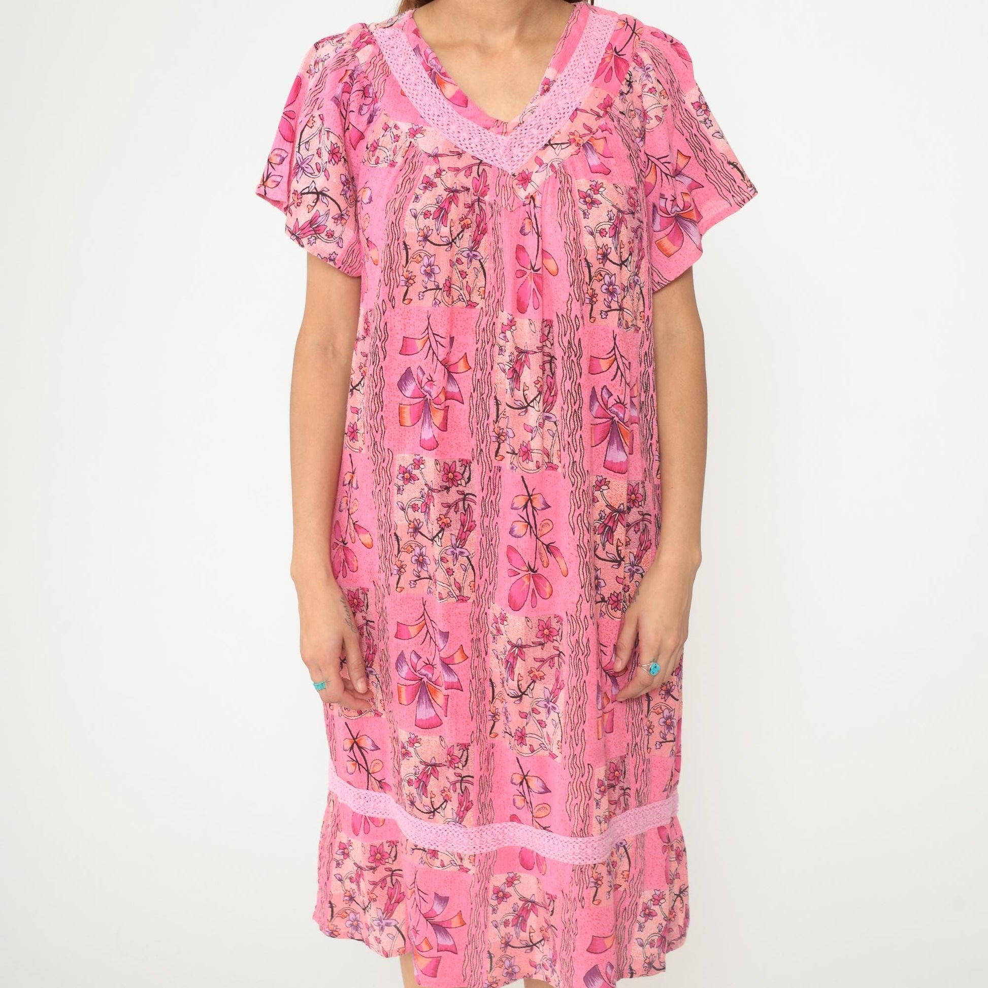 90s Longees Floral Midi Dress Pink Cotton V-Neck Tiered Ruffle Medium