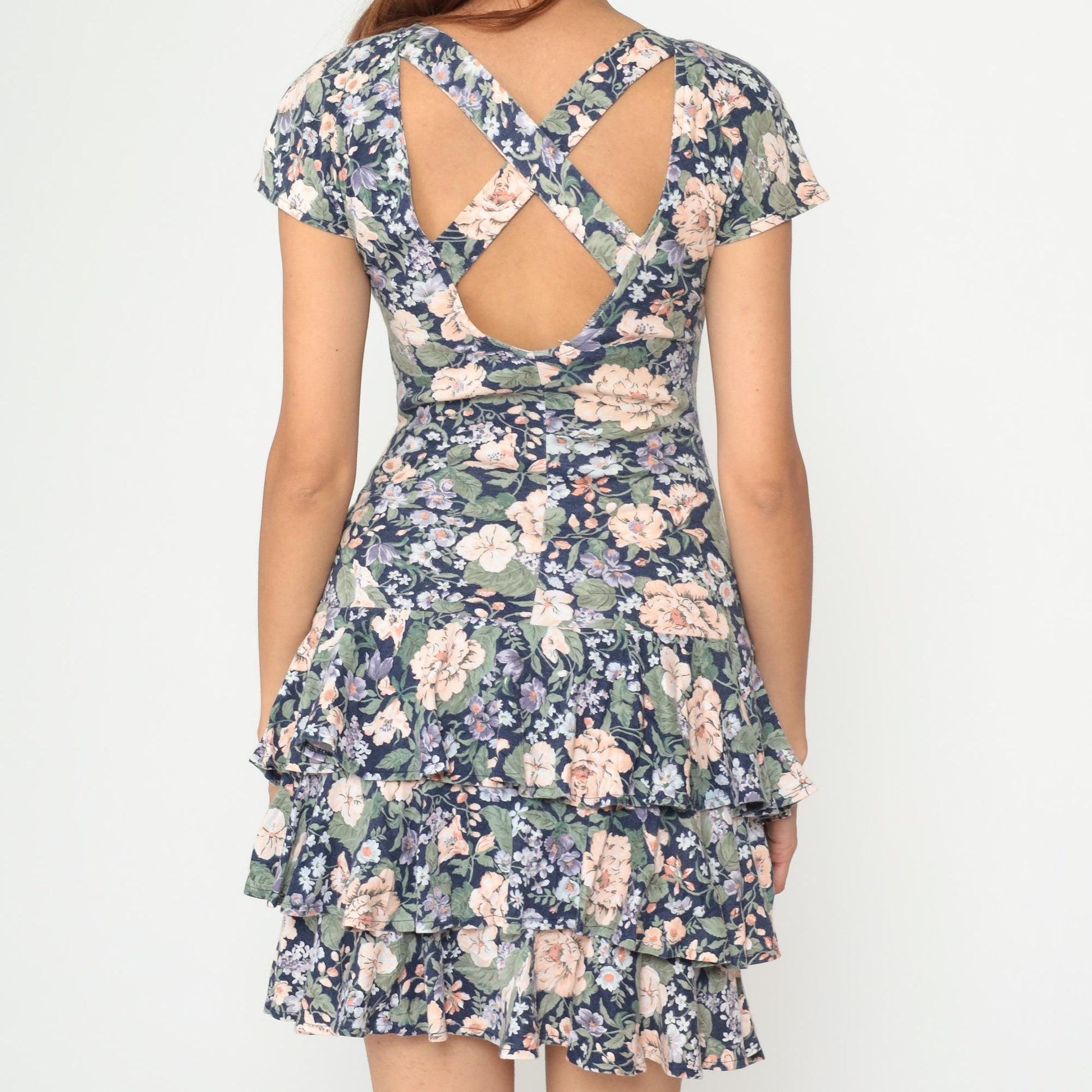 90s Floral Mini Dress Navy Peach Green Open Back Cap Sleeve Small