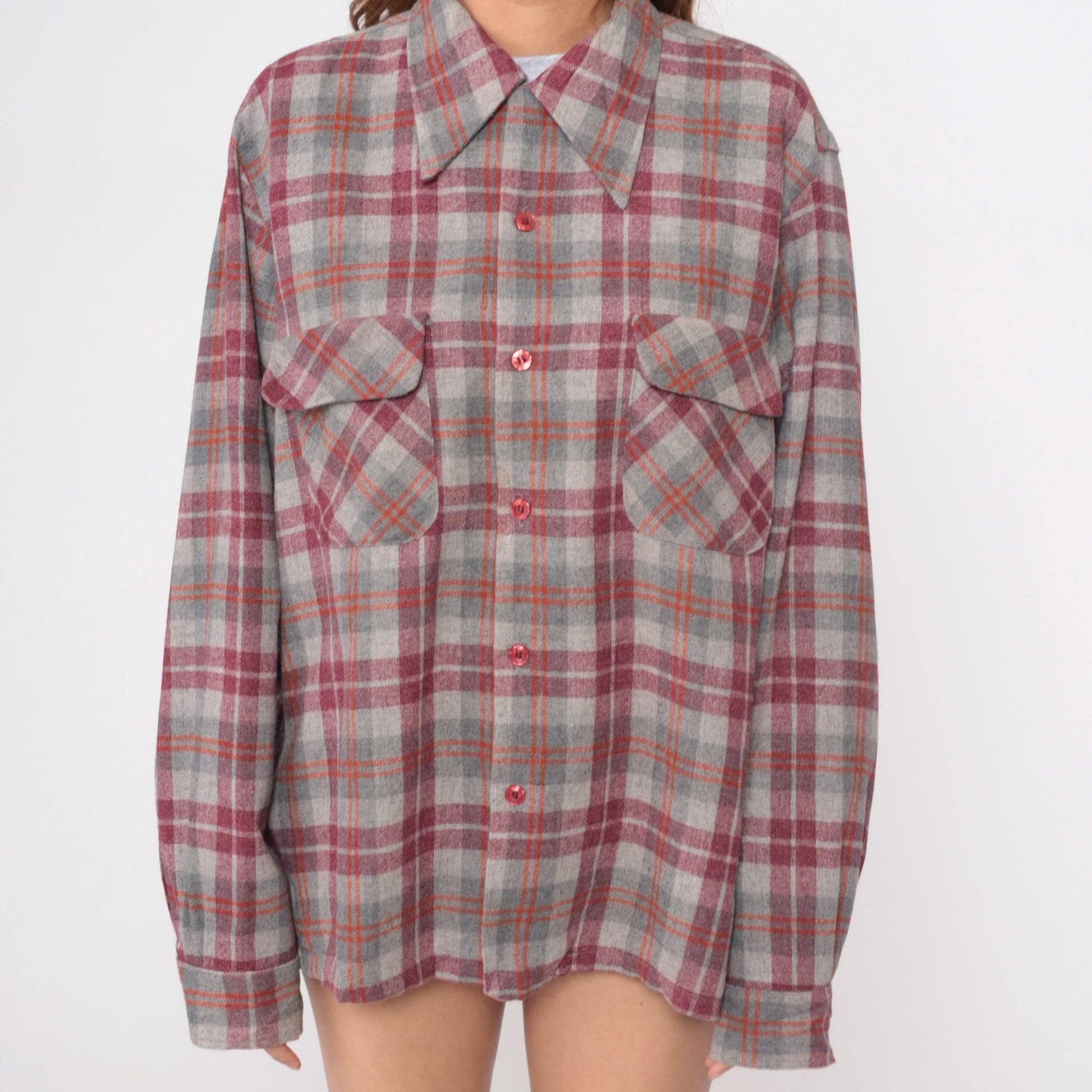 70s Royal Knight Wool Plaid Flannel Shirt Burgundy Grey Chest Pockets Extra Large