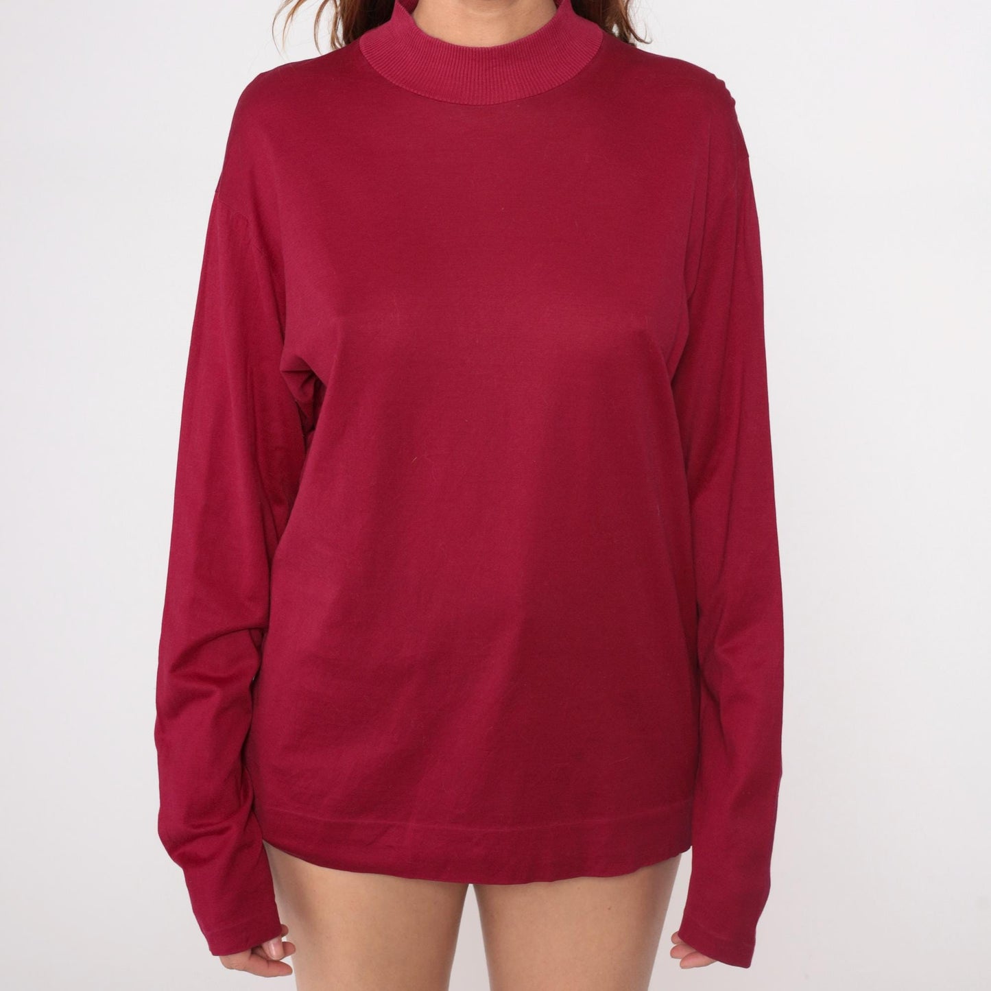 70s Burgundy Mock Neck Pullover Long Sleeve Knit Top Large L