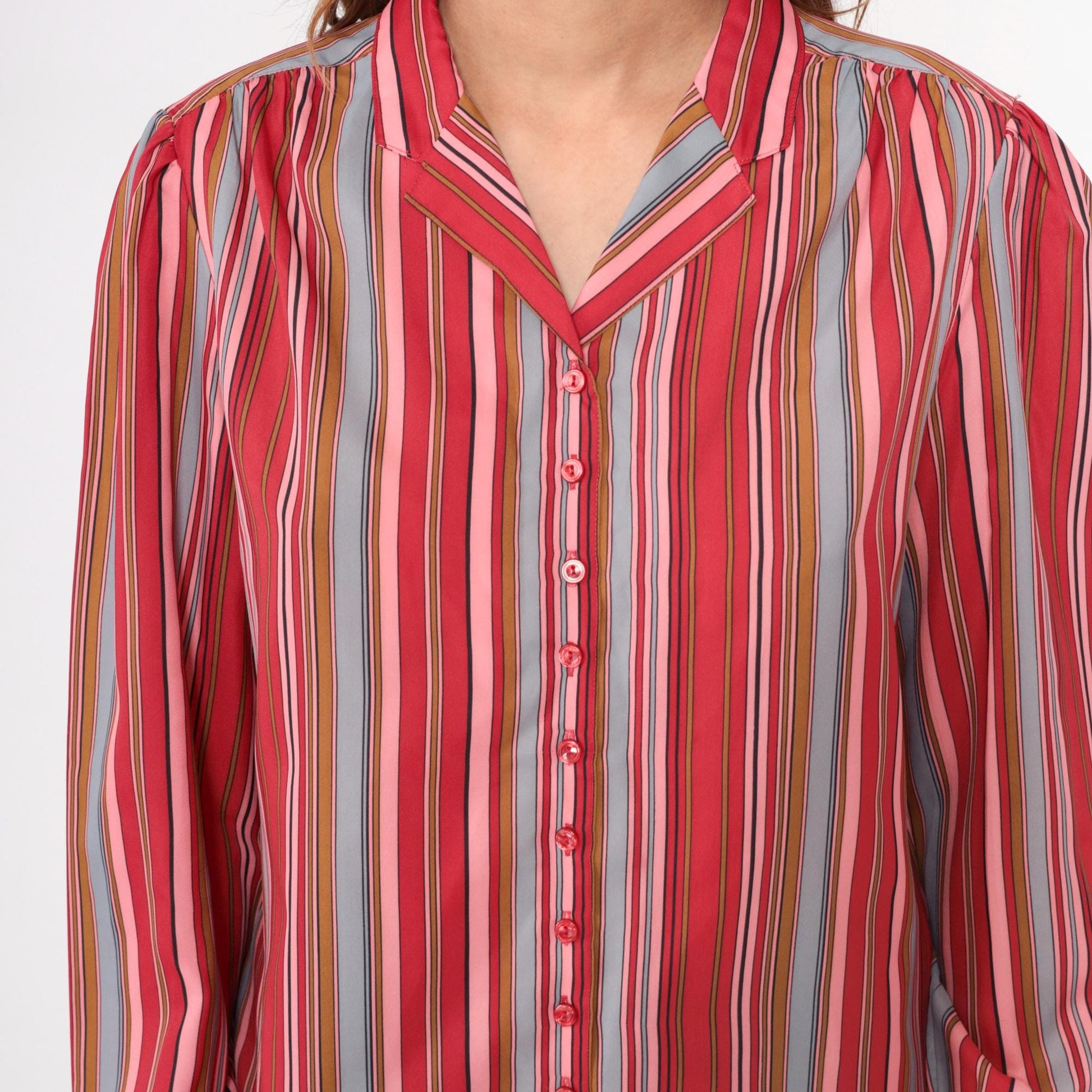 70s Pykettes Striped Button-Front Blouse Multicolor Vertical Stripes Large L