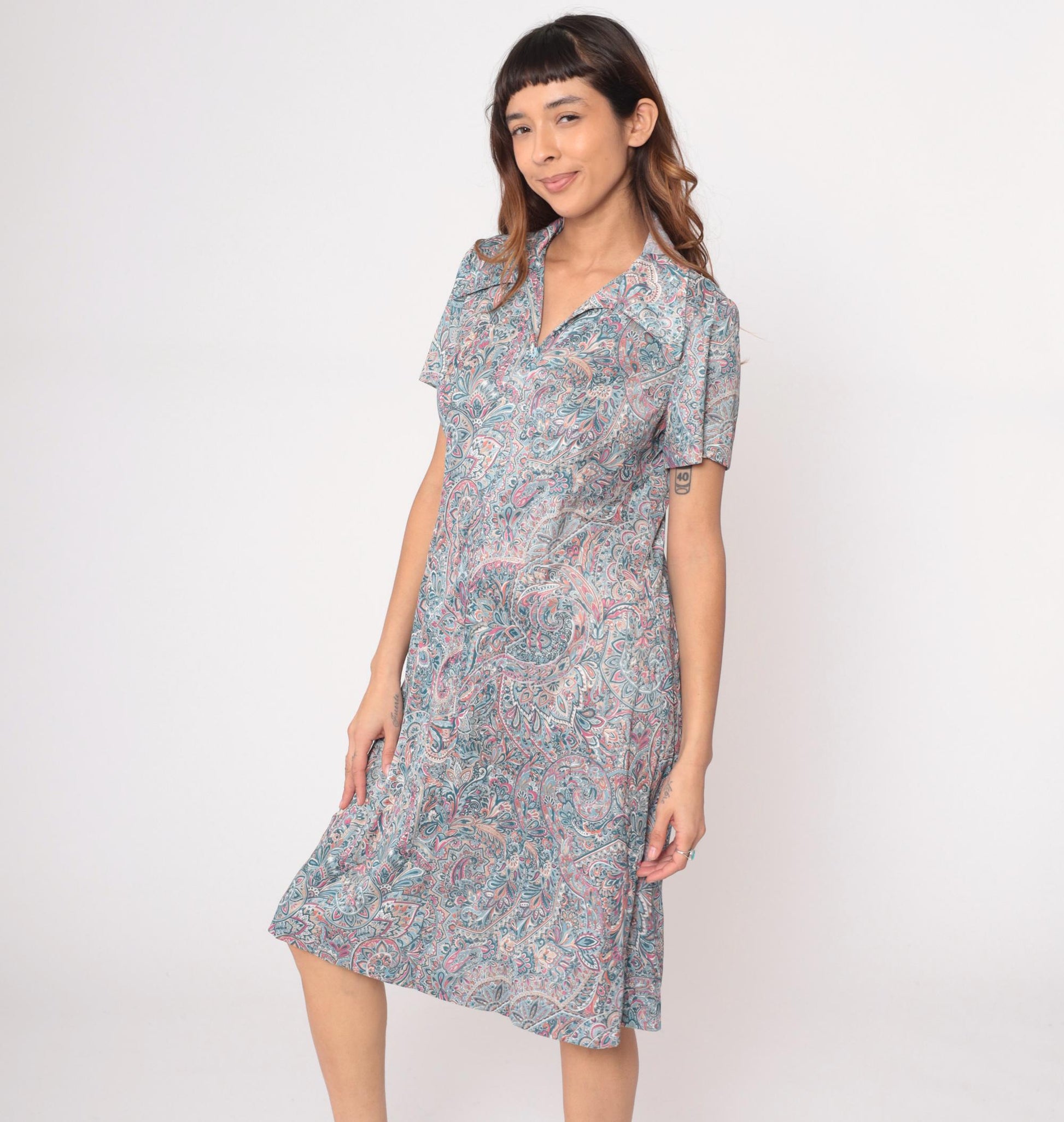 70s Paisley Zipper Front Dress Collared A-Line Blue Pink Cream Large L