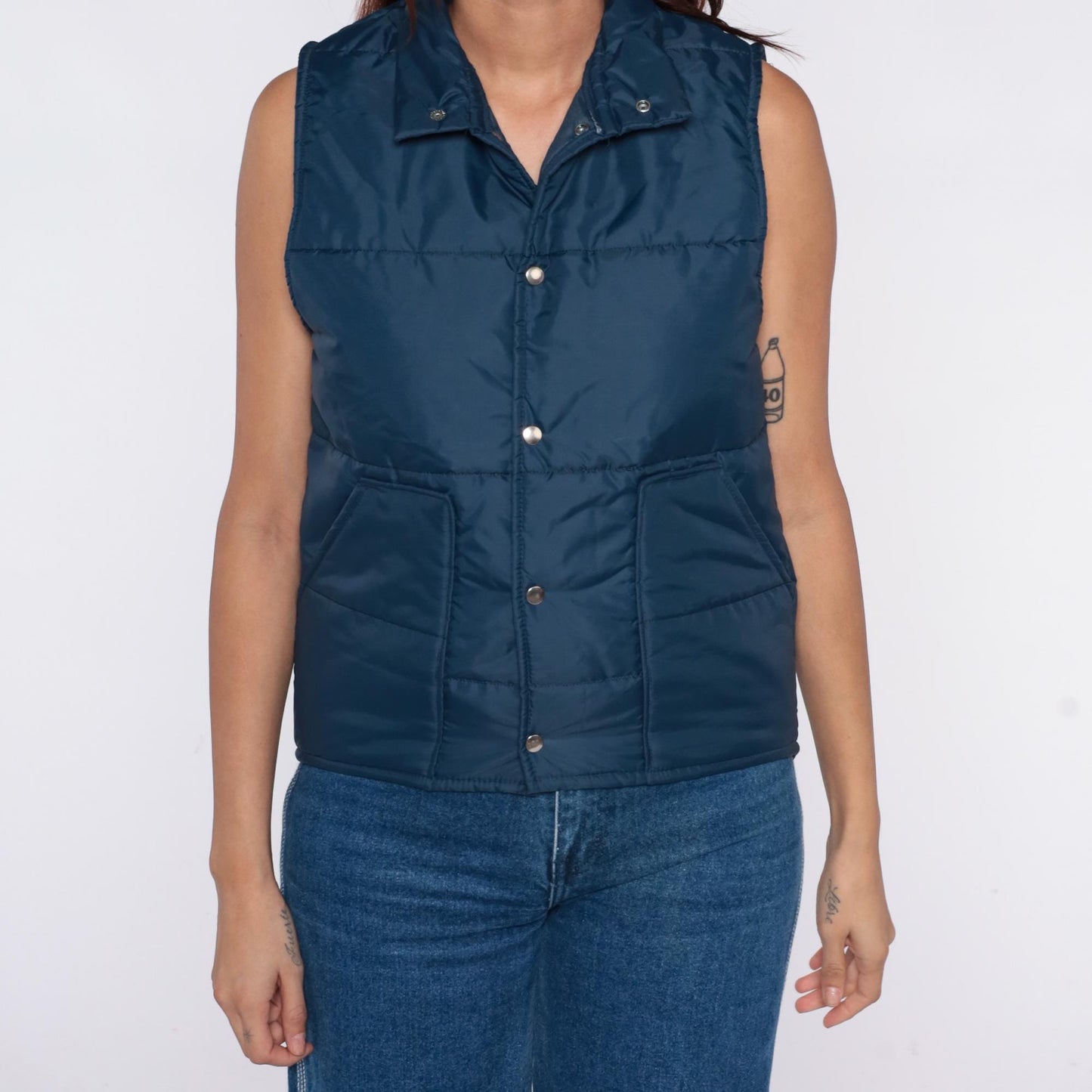 70s Pla-Jac Quilted Ski Vest Teal Snap Collar Sleeveless Medium