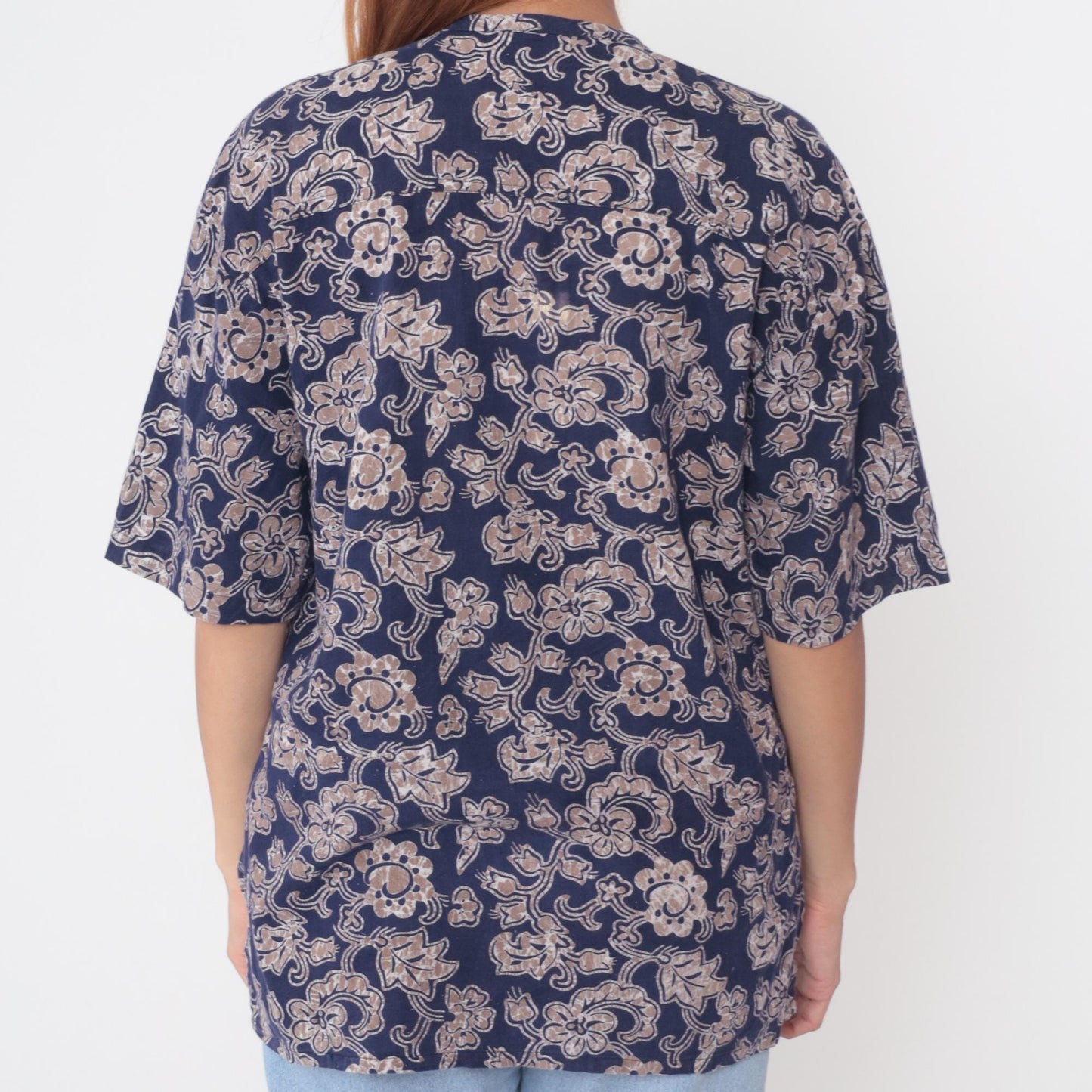 Y2K Craute Navy Paisley Floral Button-Up Blouse Short Sleeve Large L