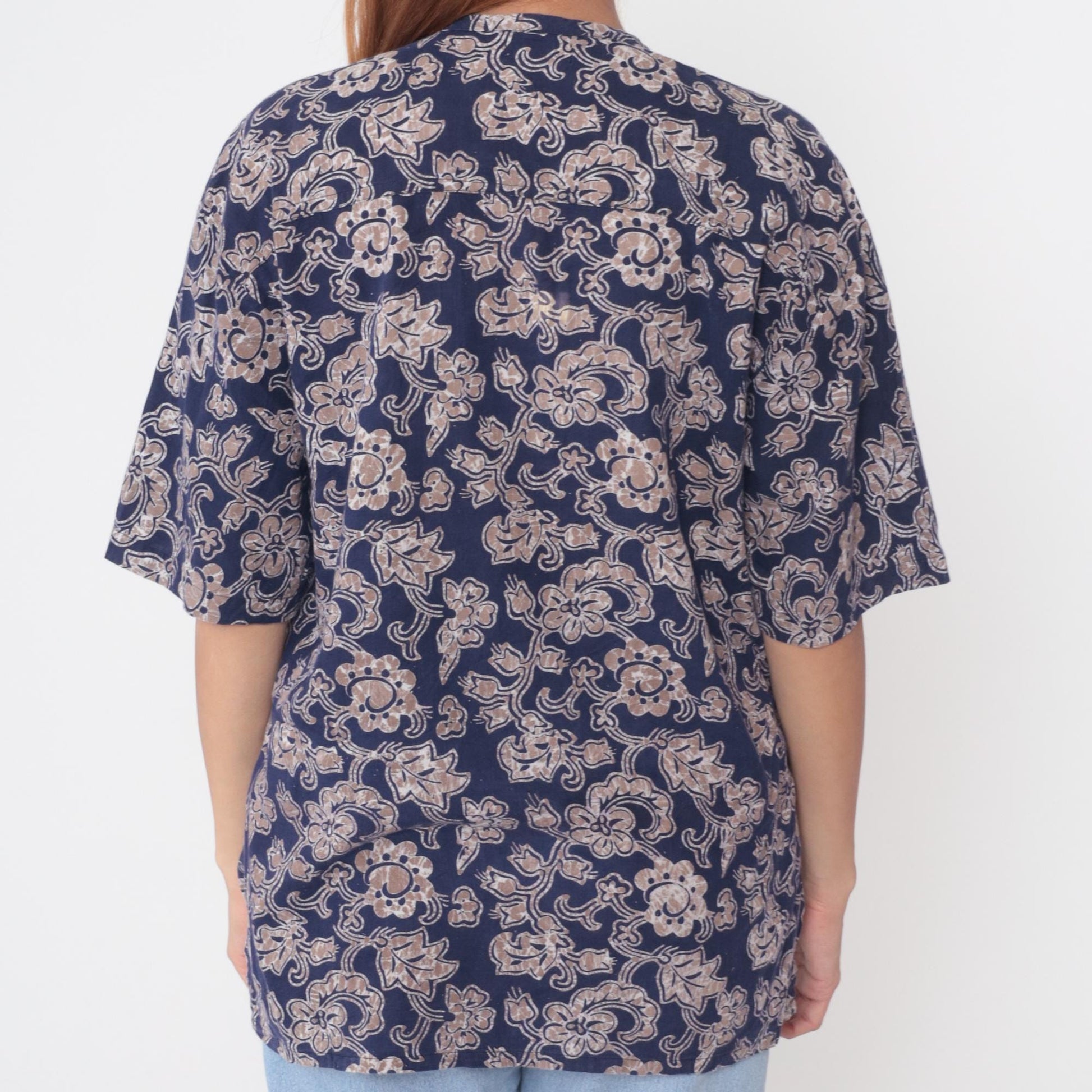 Y2K Craute Navy Paisley Floral Button-Up Blouse Short Sleeve Large L