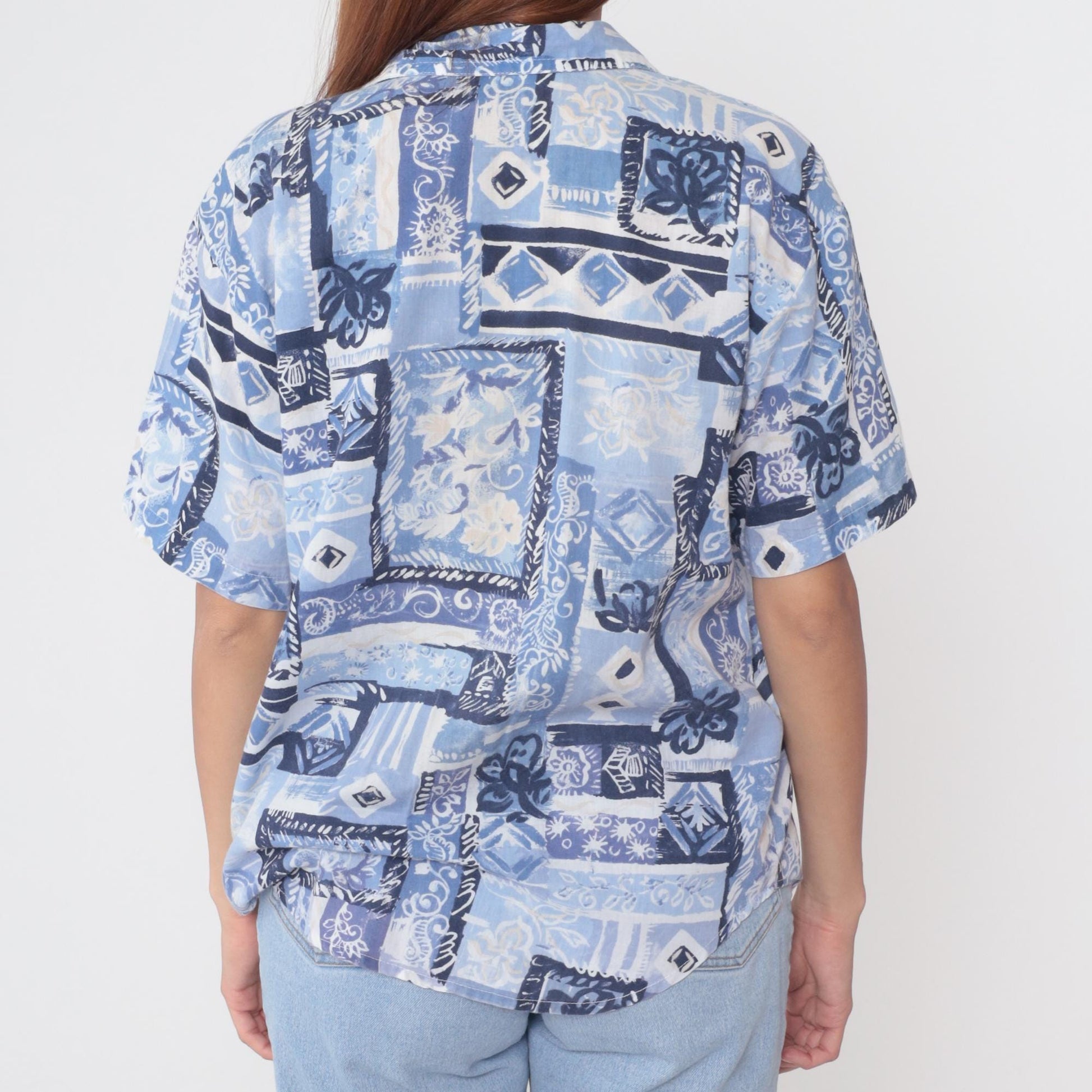 90s Casey & Max Blue Patchwork Shirt Geometric Floral Abstract Print Medium