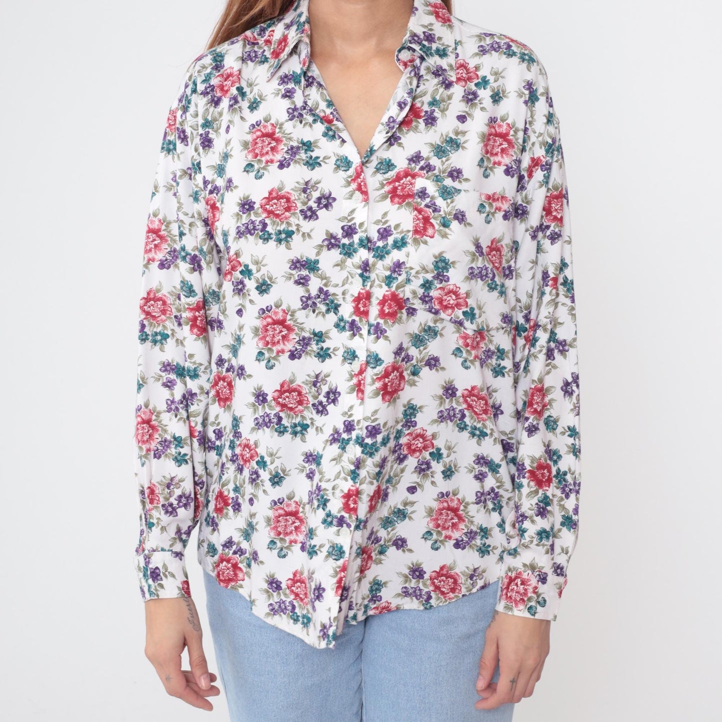 90s Ilio Floral Button-Up Blouse White Rose Print Rayon Medium M