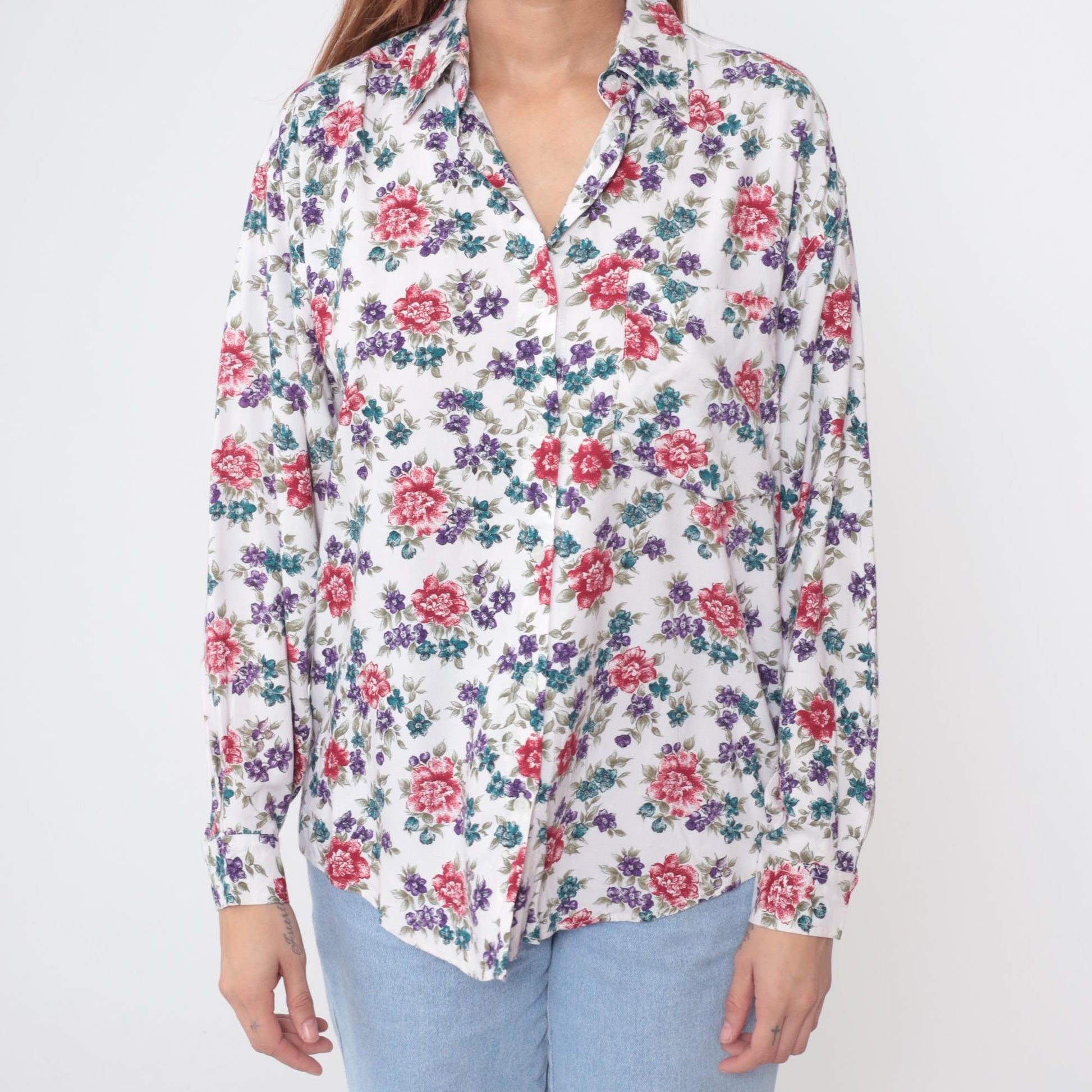 90s Ilio Floral Button-Up Blouse White Rose Print Rayon Medium M