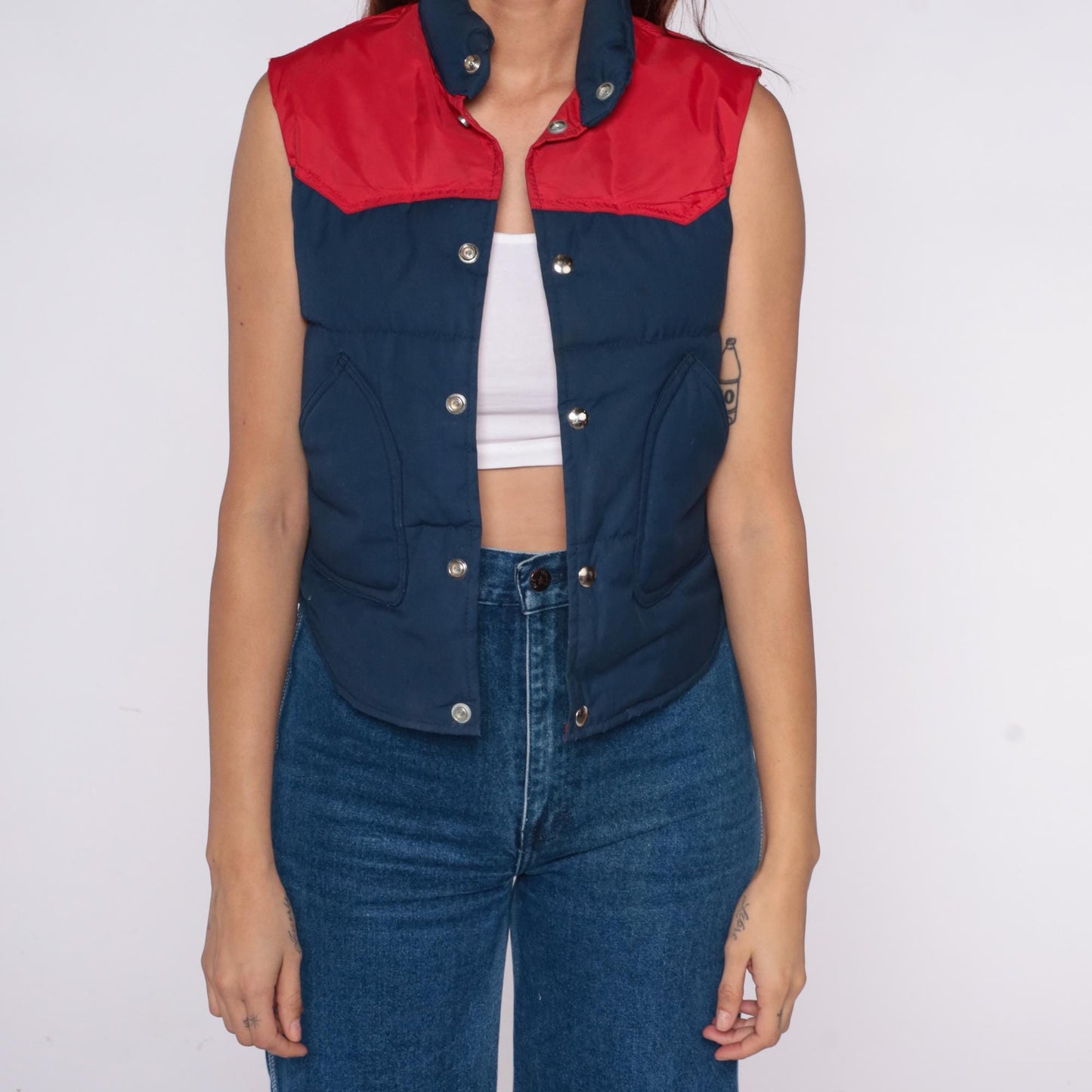 80s Brandon Colorado Navy Red Quilted Down Vest Western Yoke Extra Small XS