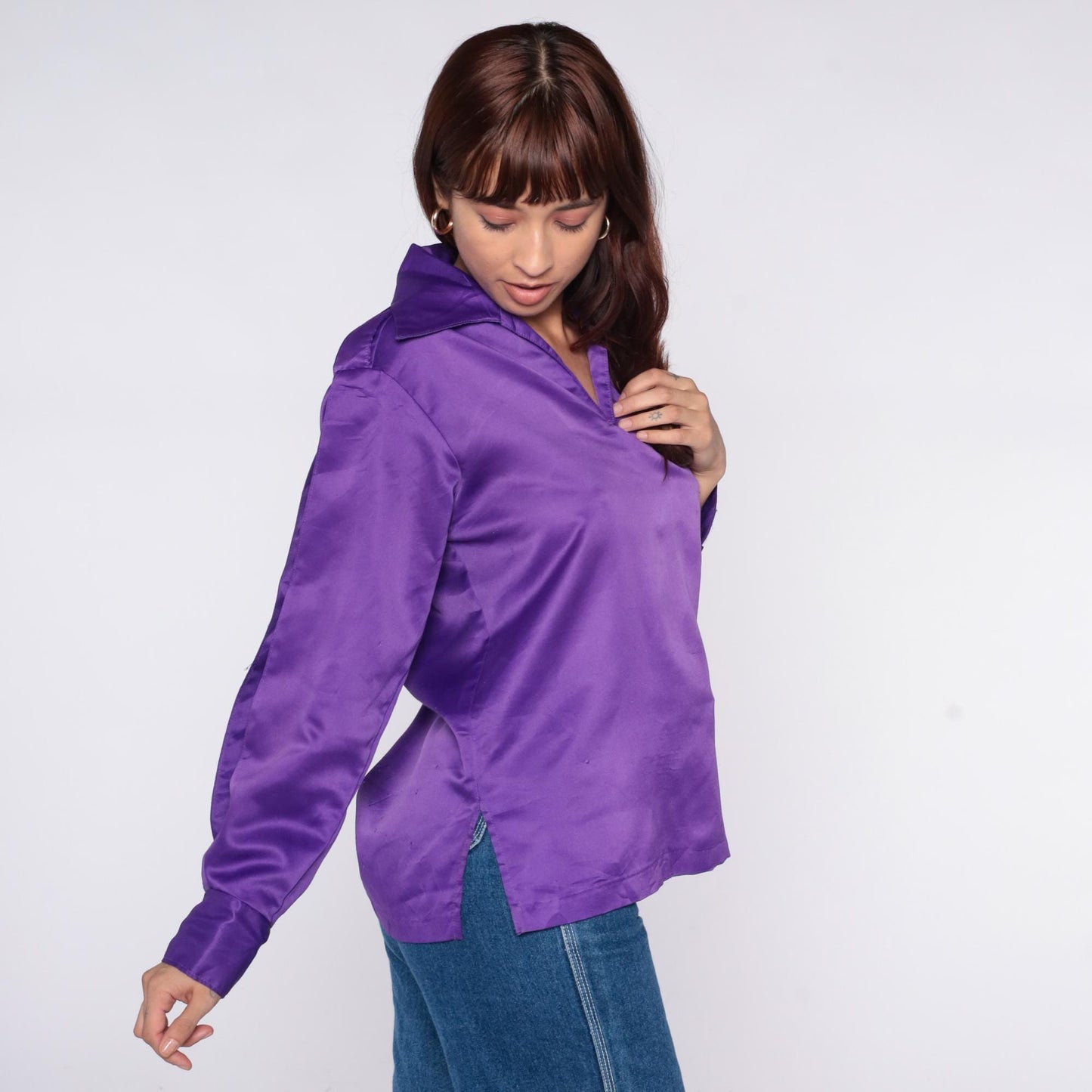 70s Daels Hawaii Purple Satin Polo Shirt Mustang Lightning Embroidered Small