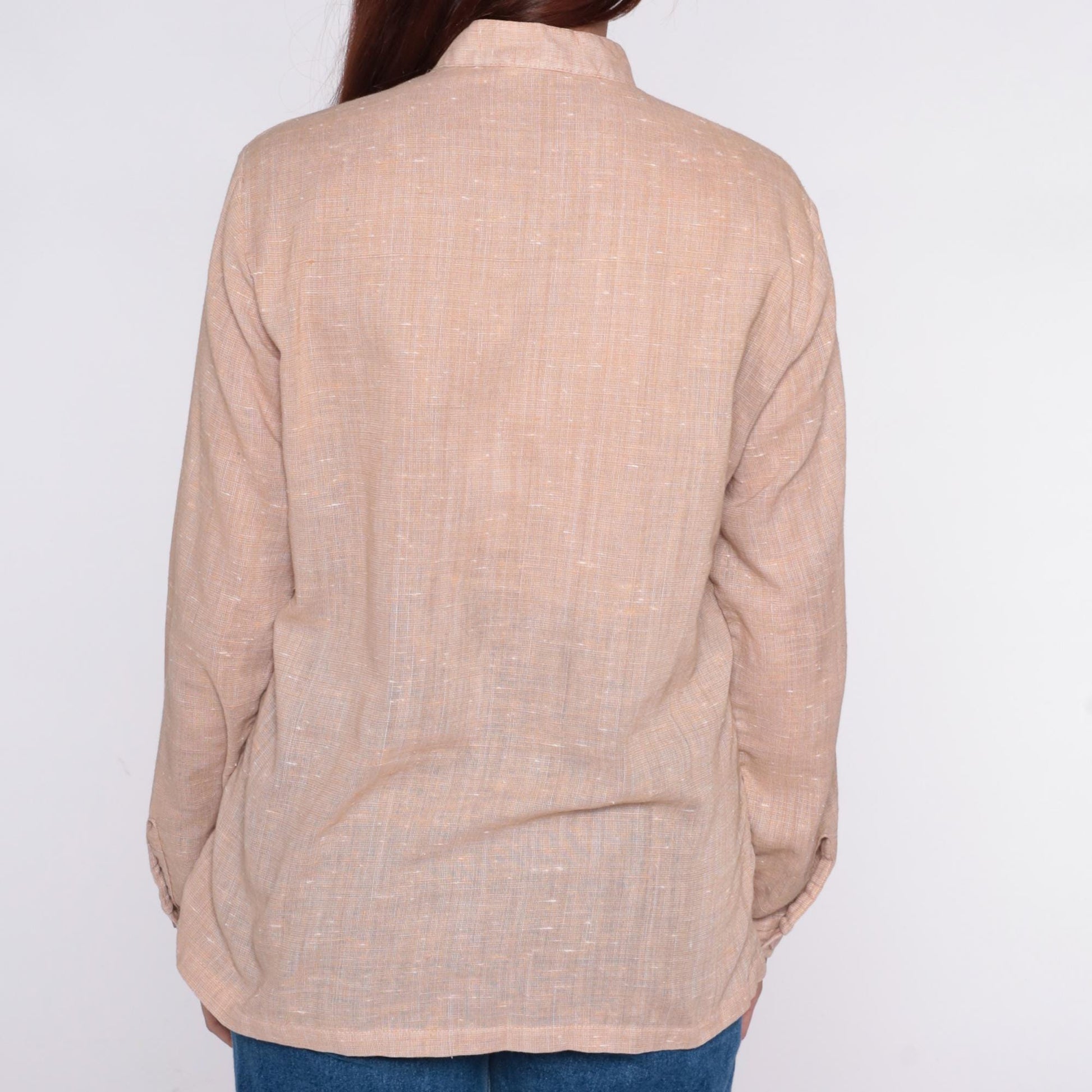 70s Mar Vista Cream Button-Up Blouse Band Collar Long Sleeve Medium