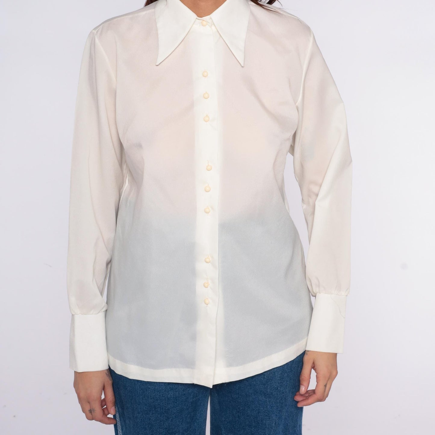 70s Cream Pointed Collar Button-Up Shirt Long Sleeve Semi-Sheer Medium