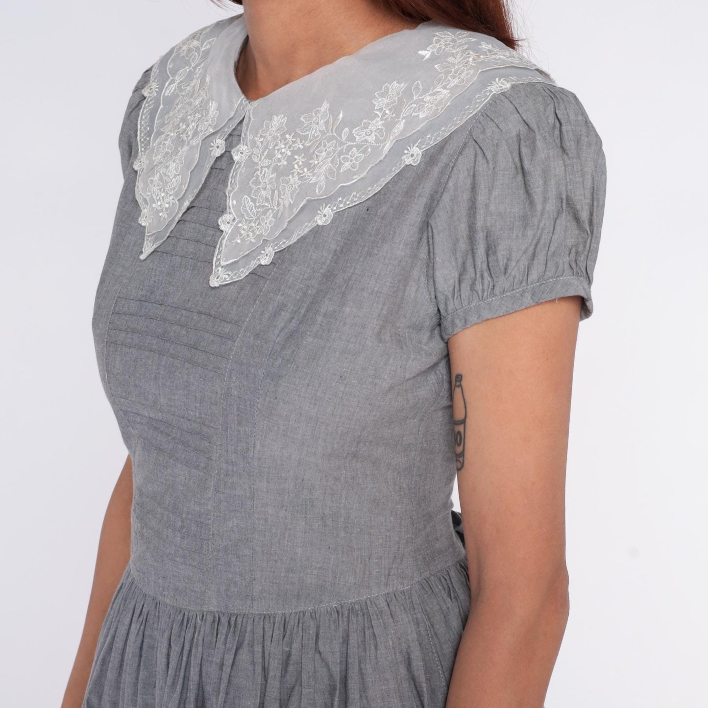 80s Grey Maxi Dress White Lace Collar Puff Sleeve Pintuck Medium M