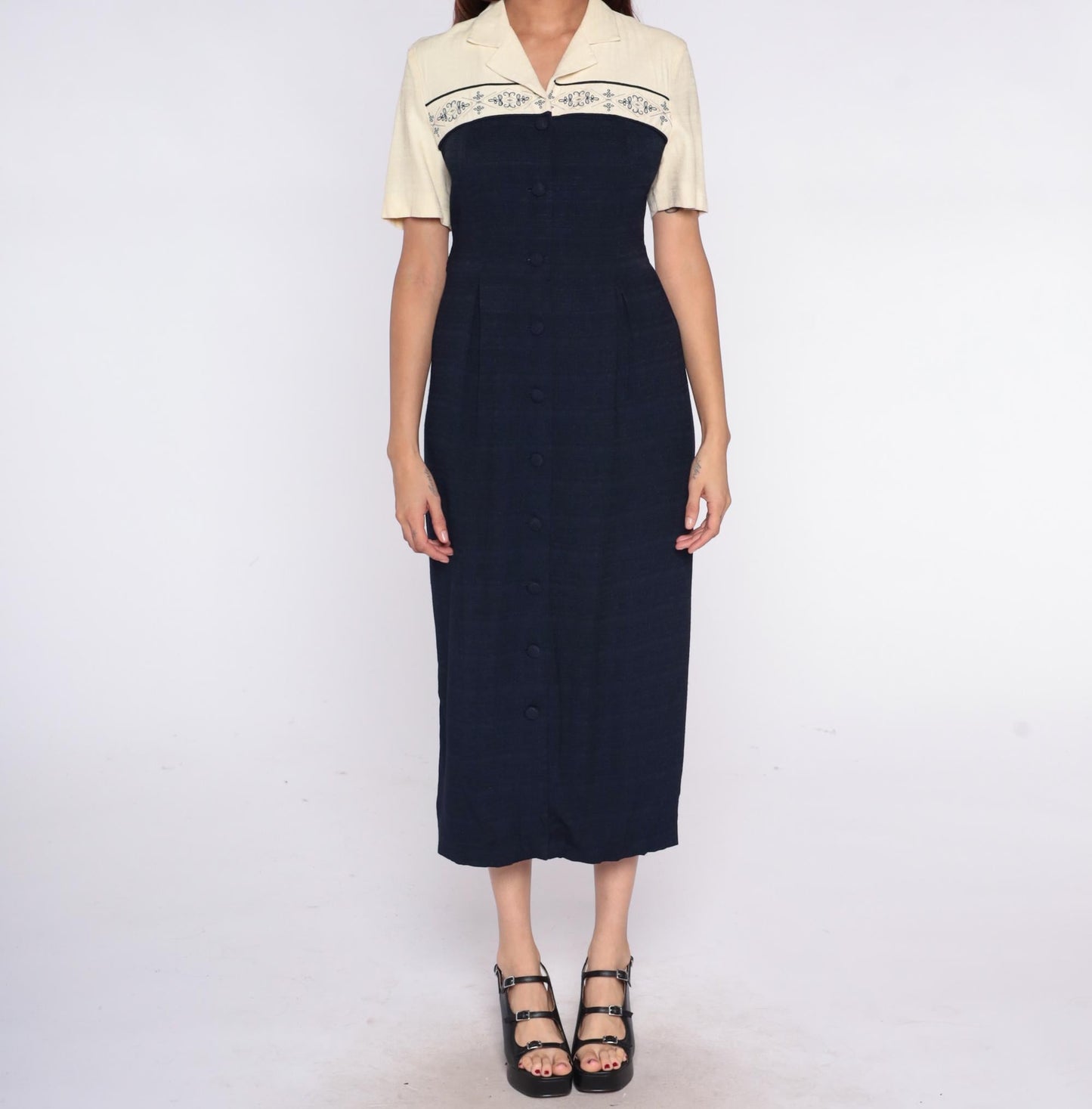 90s Dressbarn Color Block Midi Dress Cream Navy Collared Small