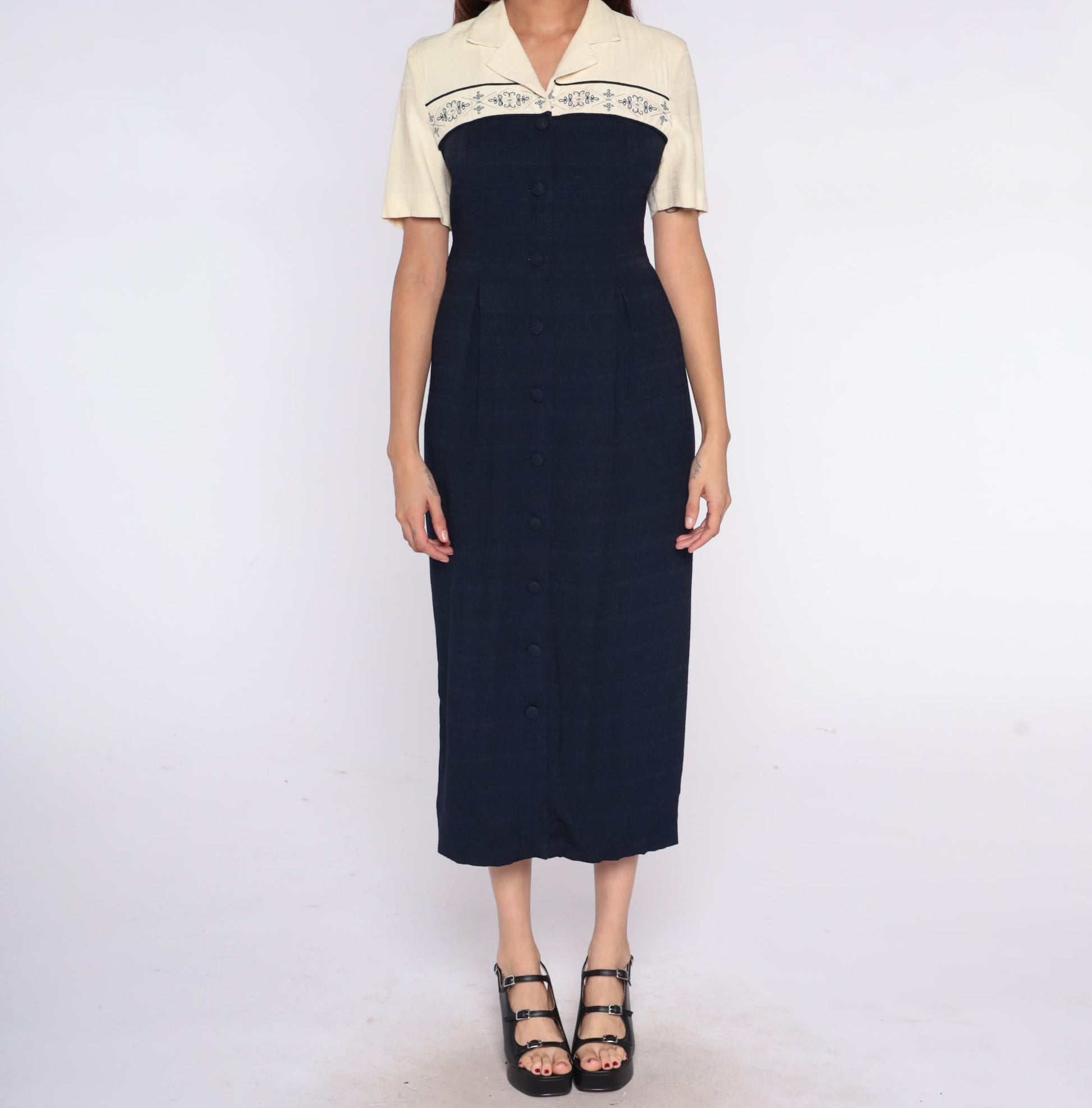 90s Dressbarn Color Block Midi Dress Cream Navy Collared Small